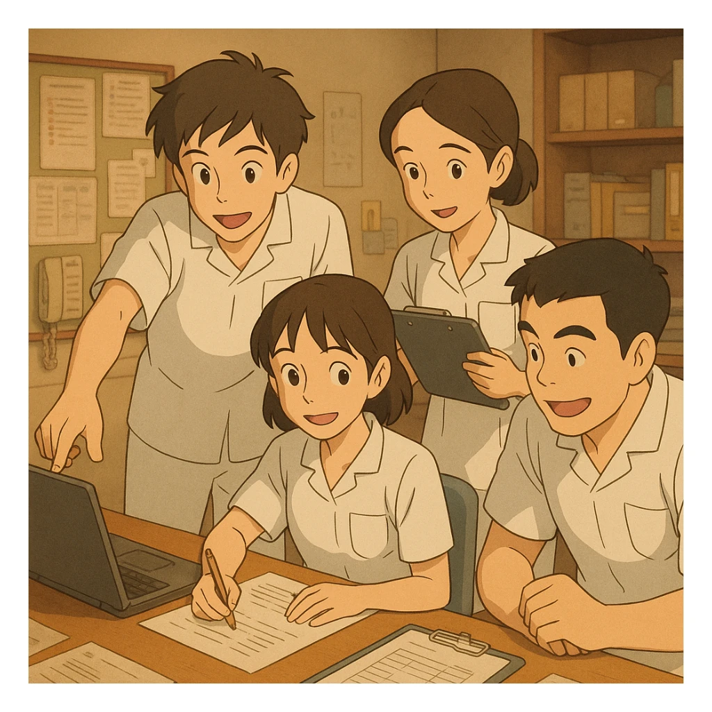 Four students inspired by references, working together in a care station, Ghibli style, white short-sleeve uniforms with V-neck, left chest pocket, no collar stand, no stethoscopes, no undershirts, warm atmosphere, multiple collaborative attitudes. sticker