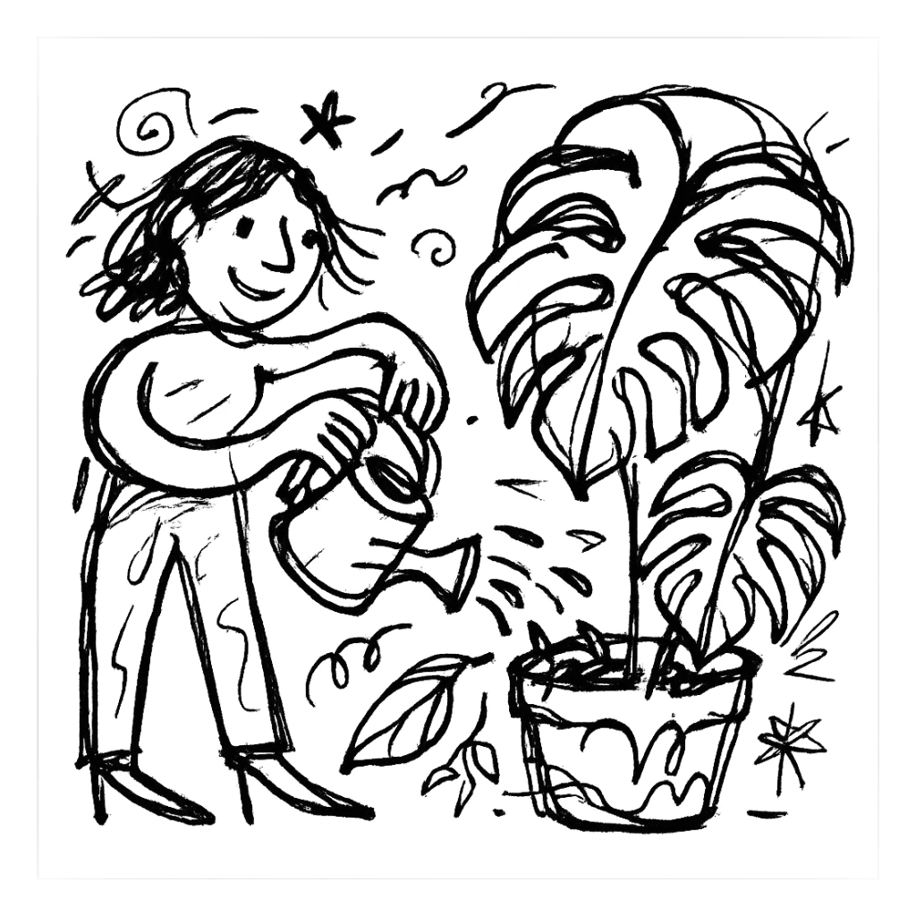 woman watering her monstera plant sticker