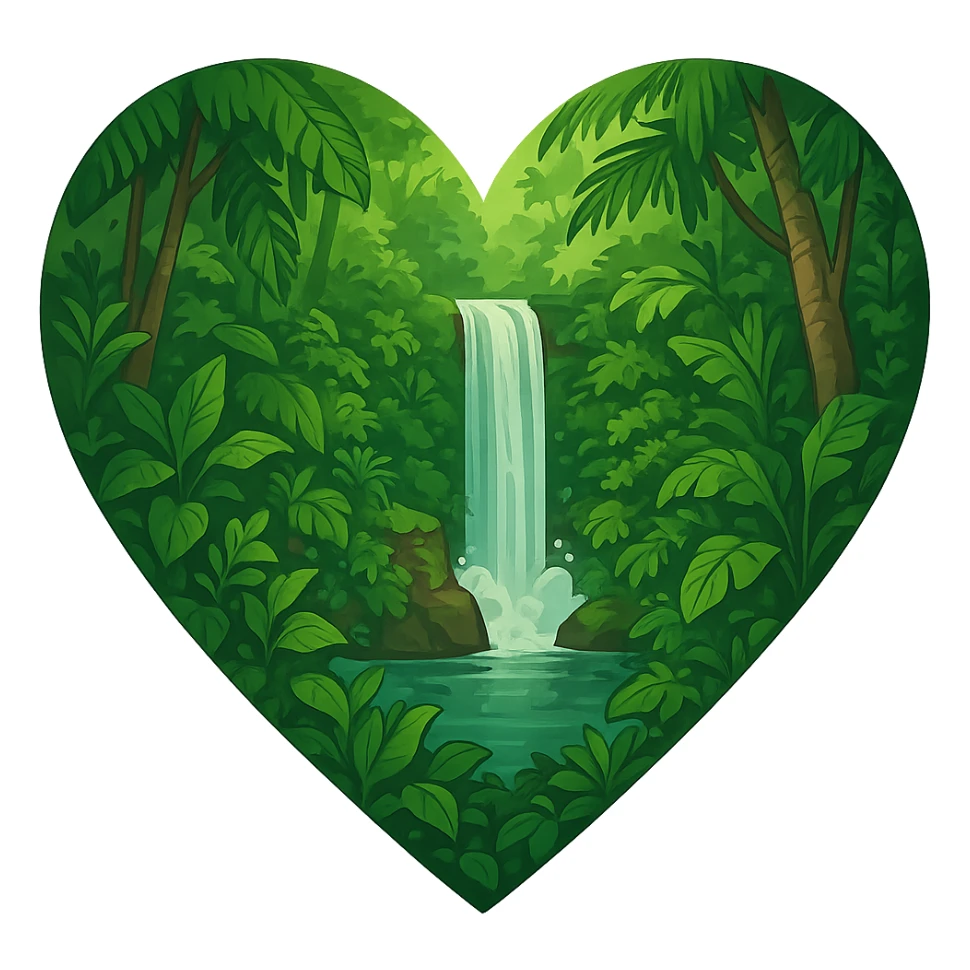 heart with a lush jungle and waterfall, clean digital illustration, no background sticker