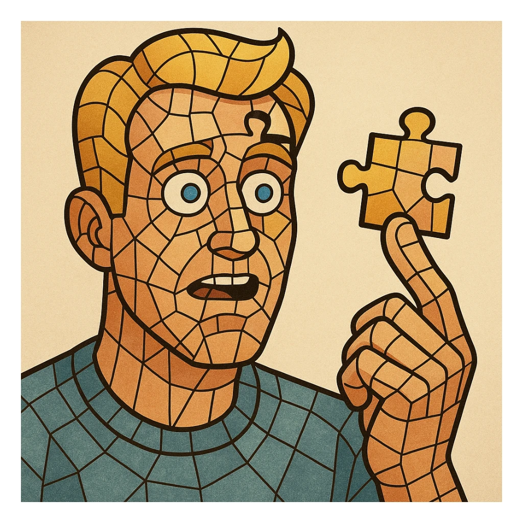 Refine the flat-toon style image of the man's head as a mosaic puzzle, make him blond, remove the mustache, and add his hand holding the puzzle piece sticker