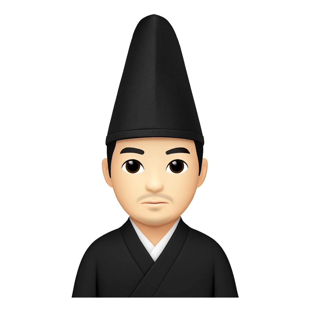Make the eboshi hat much taller, keeping the shogun in a long black kimono, in the style of emoji style emojis. The style should resemble apple style emojis with concise details. sticker