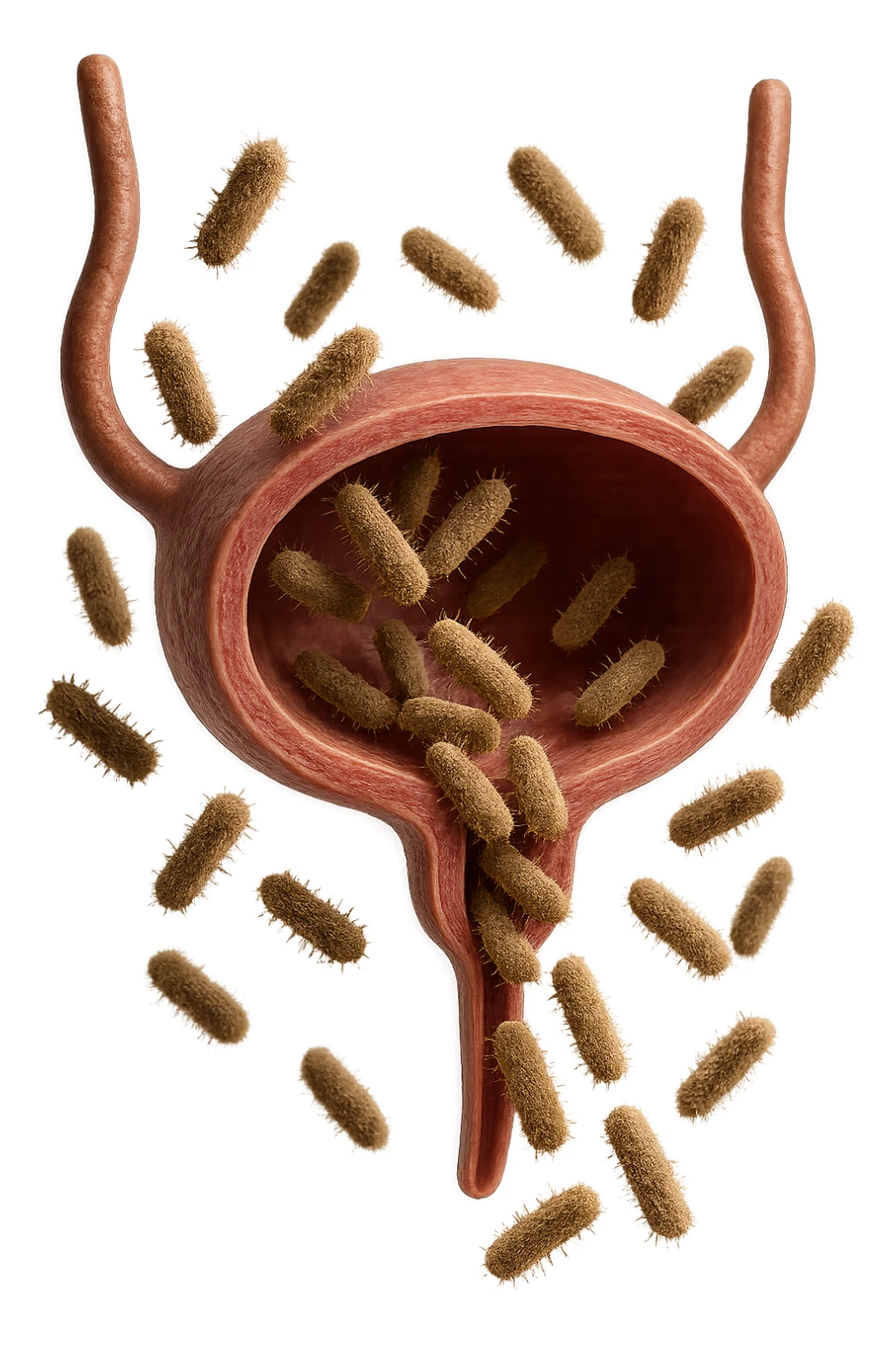 batteri intestinali che migrano ed entrano in una vescica anatomica realistica per infettarla, iperrealistico 4k sticker