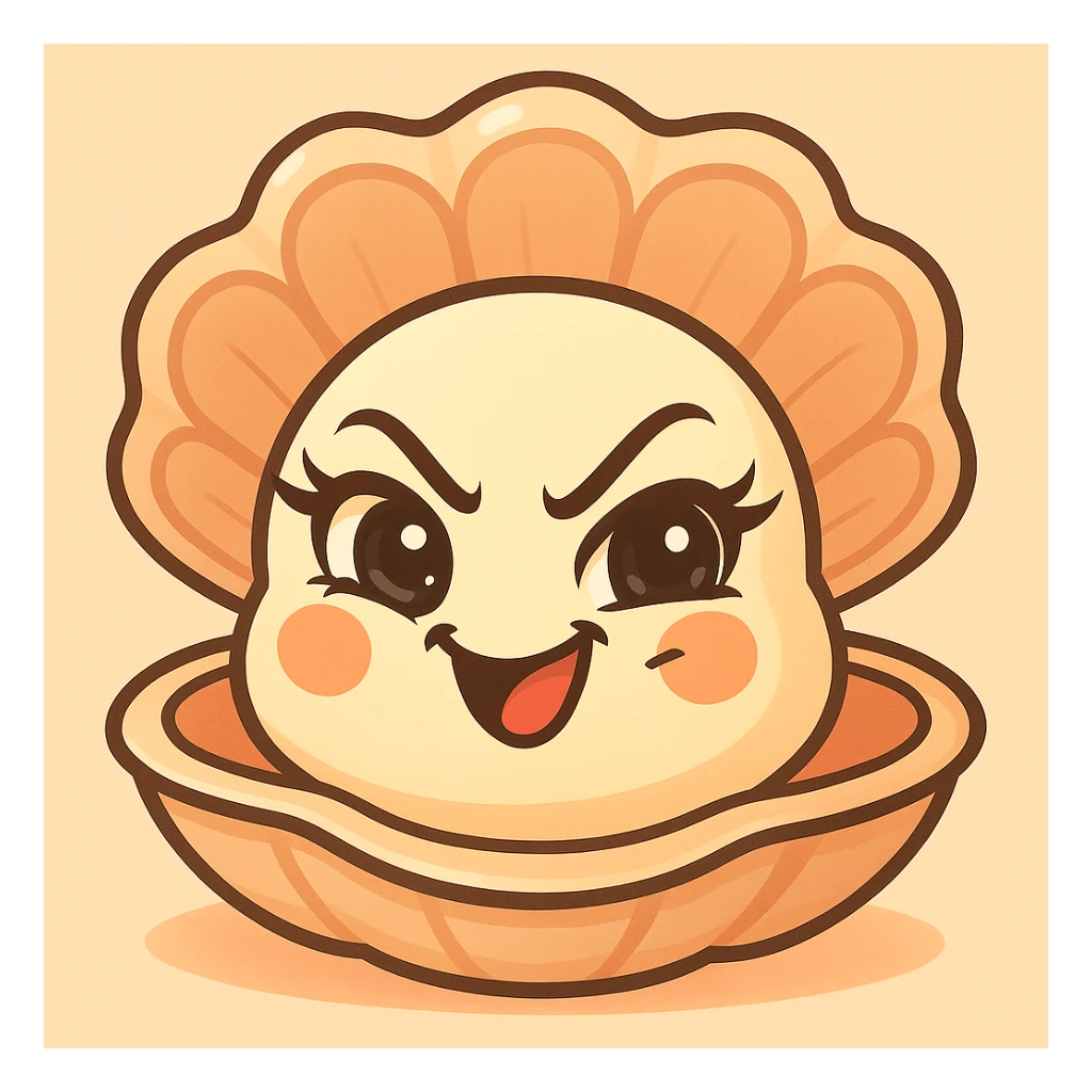 Enhance the mischievous expression of the oyster, keep the pastel, pearly, cream, peach, and greige colors accentuated, make the eyes very expressive and luminous with elegant eyelashes, emphasize the large shell and the small oyster, maintain the pastel toon style and the background as in the reference image. sticker