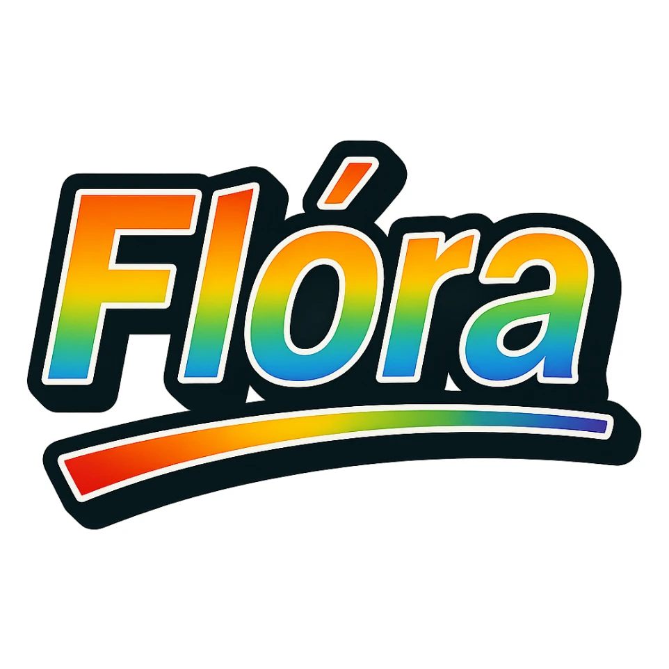 The name 'Flóra' in modern, precise Hungarian letters with a rainbow gradient fill, extra thick white outline, dark contour, transparent background, dynamic and slanted underline, in the style of the sample images. sticker