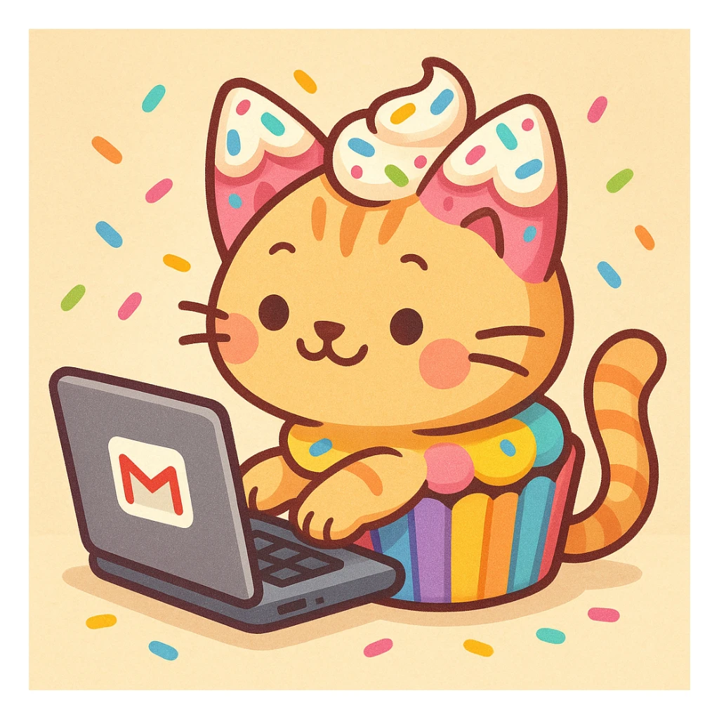 A playful and cute cupcake-themed cat typing on her own laptop, creating humorous stories for her friends to read on Gmail. The cat has cupcake colors, frosting ears, sprinkles, and cupcake wrapper body decorations. The laptop has a visible Gmail logo. The scene is whimsical, colorful, and charming. sticker