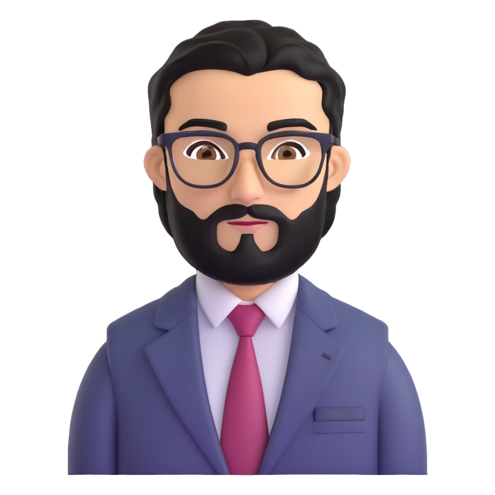professional middle eastern businessman with medium length black beard, black hair, thick unibrow, tan skin, brown eyes, glasses, wearing a formal suit and tie sticker