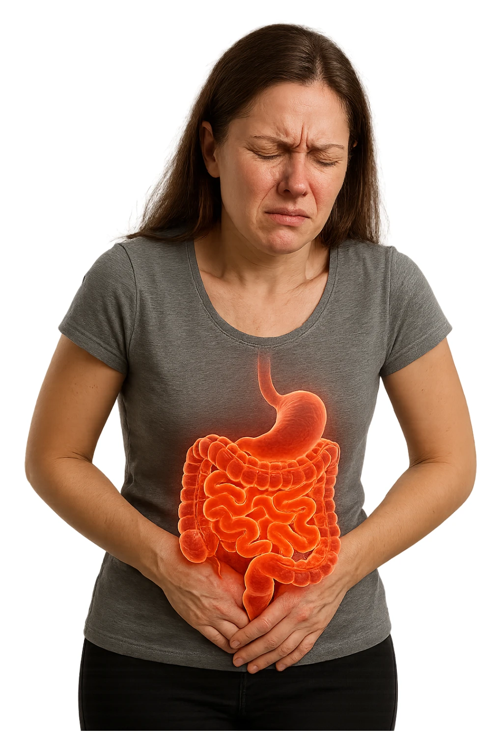 DONNA CON INTESTINO UMANO ANATOMICO IN EVIDENZA E MAL DI PANCIA, iperrealistico 4k, SFONDO BIANCO sticker