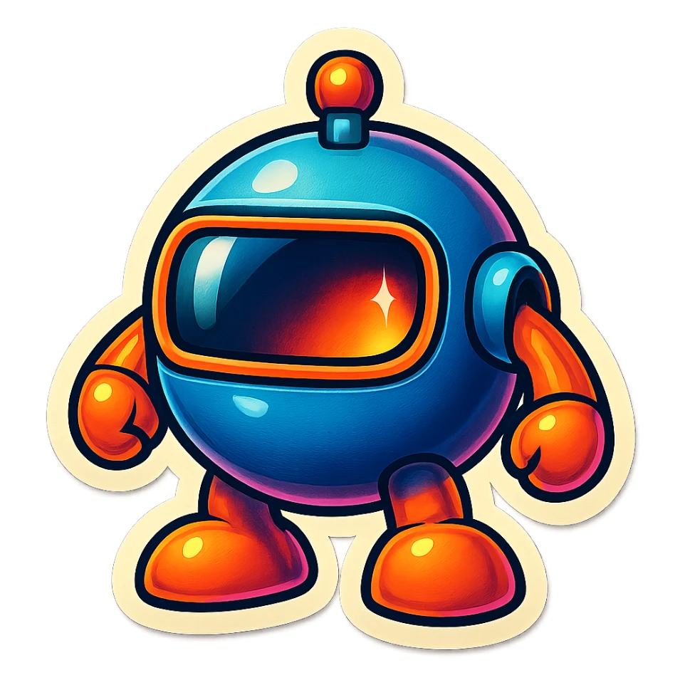 Render this spherical robot in retro stickers style, with bold outlines and vibrant colors, emphasizing a playful and nostalgic look typical of retro stickers. sticker