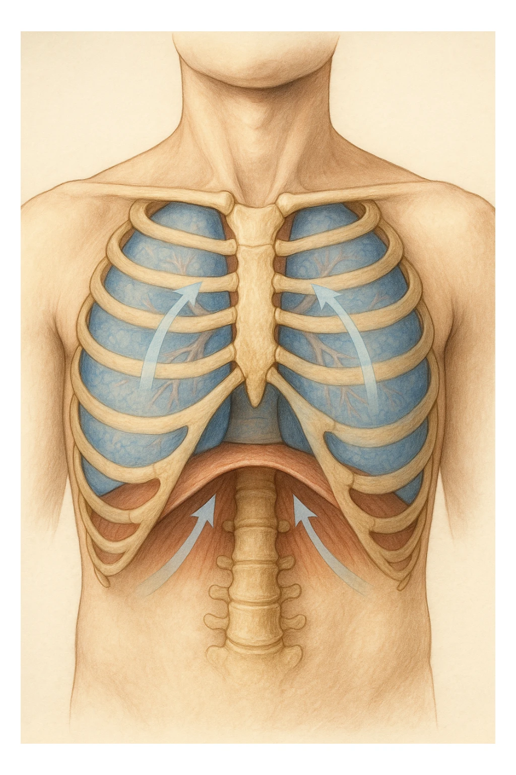 A realistic, high-quality anatomical illustration showing a human torso with visible rib cage and diaphragm. The ribs are shown in a decompressed, expanded state, allowing full lung expansion, while the diaphragm is depicted as relaxed and lowered, indicating deep, efficient breathing. Soft blue and warm tones highlight airflow and lung capacity, with light arrows illustrating the air movement during diaphragmatic breathing. The image conveys a sense of calm, openness, and optimal breathing mechanics, useful for physiotherapy, breathing education, and osteopathic learning contexts sticker