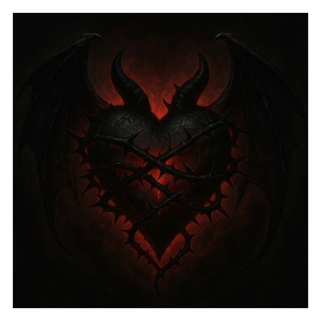 Create a gothic devil heart with bat wings, black thorns, and a blood-red aura. The style should be dark and dramatic. sticker