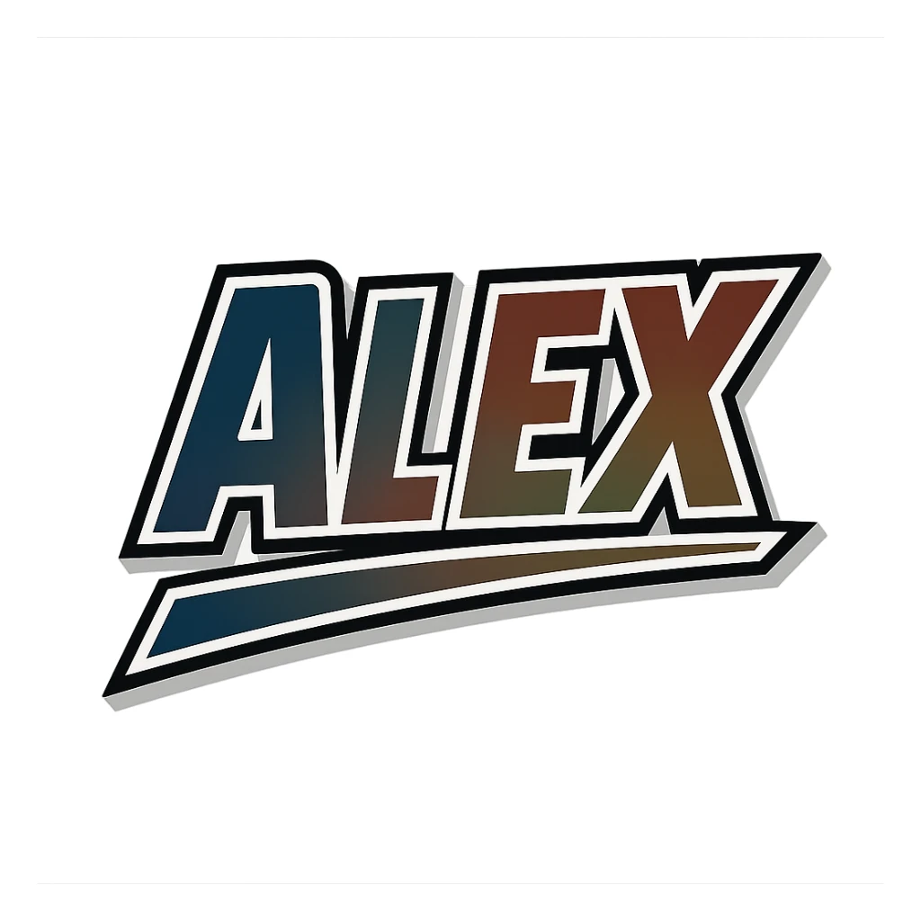 Alex name in masculine, modern gradient font with precise Hungarian characters, dark contour, extra wide and prominent white letter frame as in reference images, dynamic slanted underline, masculine color shades (blue, gray, burgundy, green, brown), 1000x1000 px, PNG, transparent background sticker