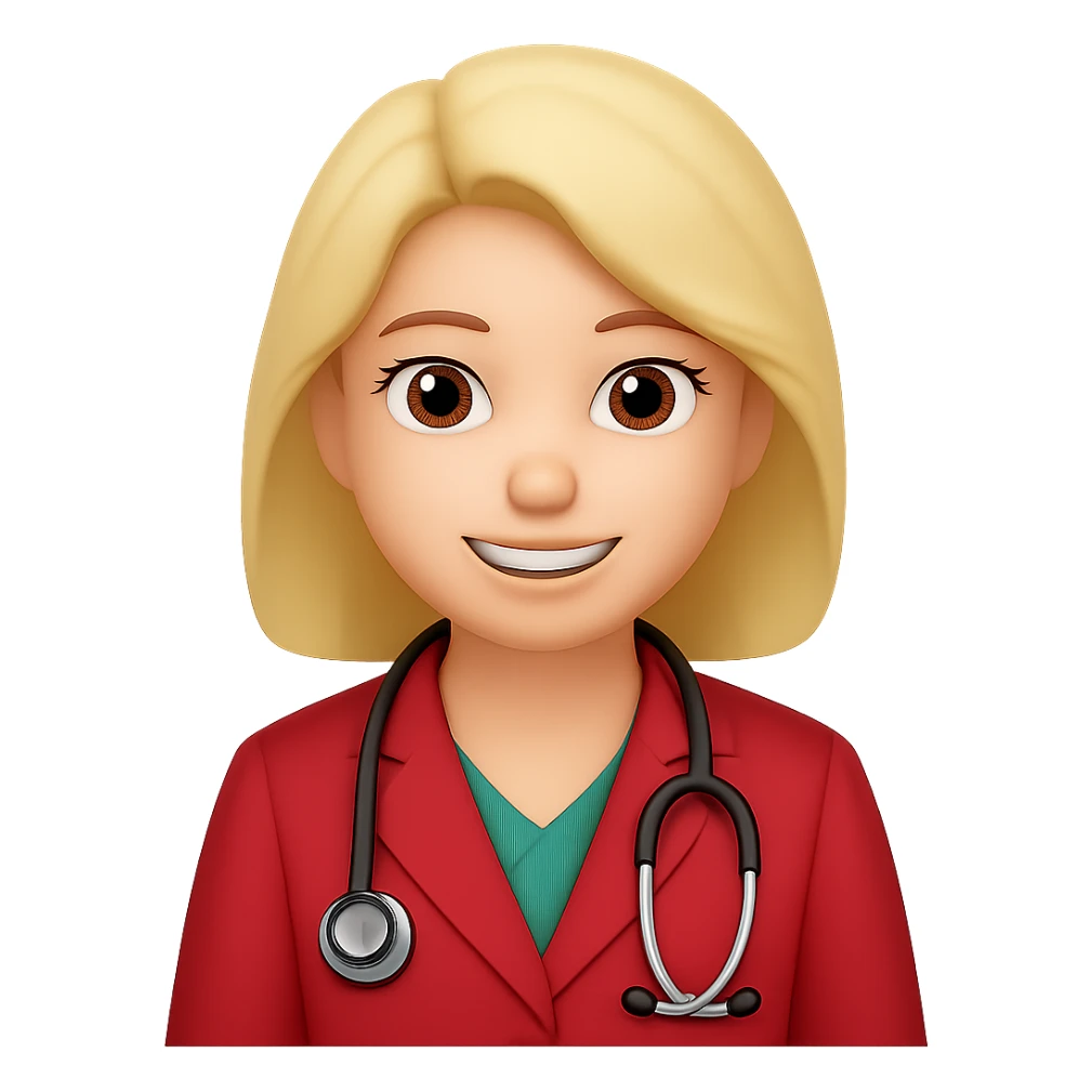A woman doctor emoji, bigger, red sticker