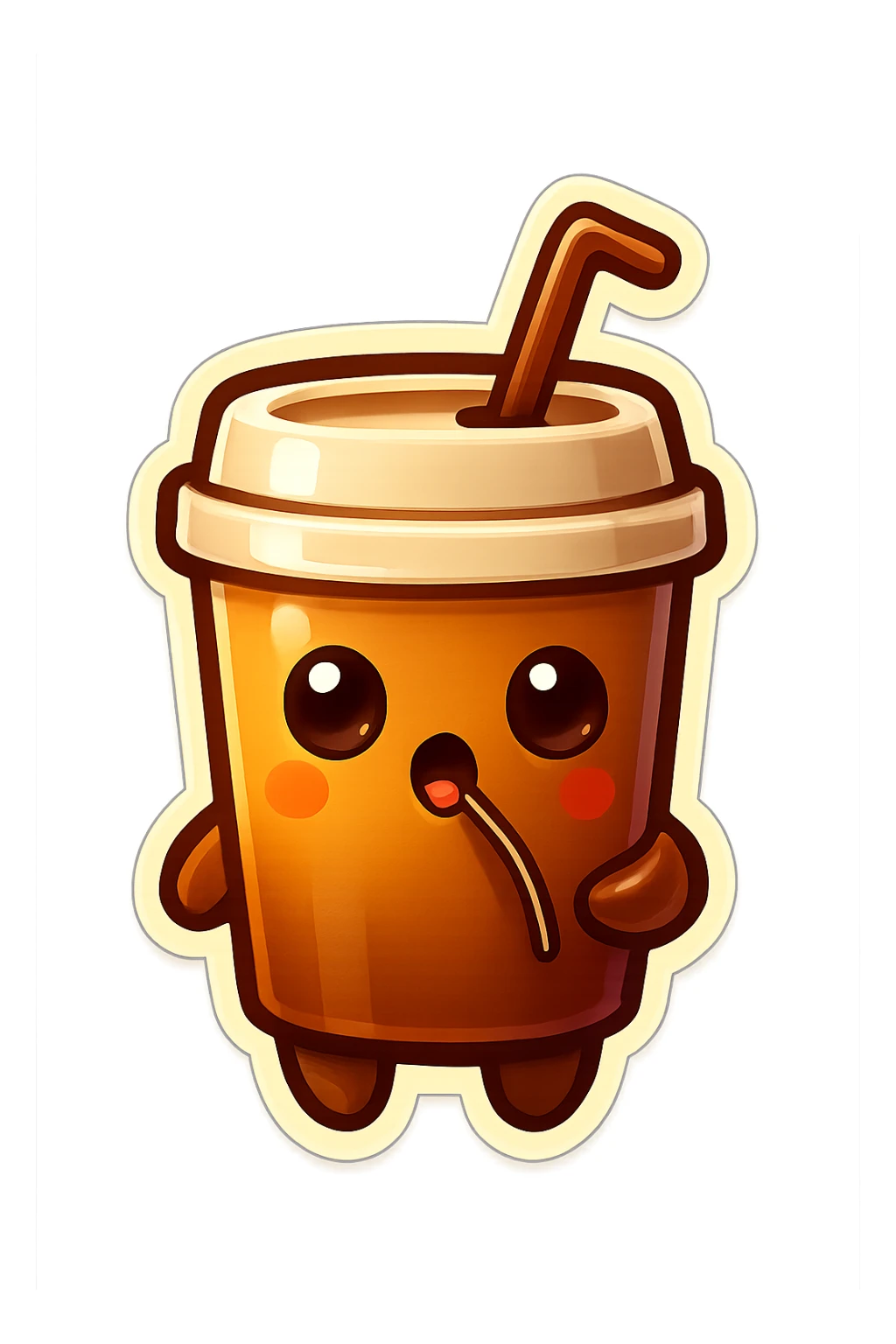 Tall coffee cup, intrigued, drinking coffee with straw, watching sticker