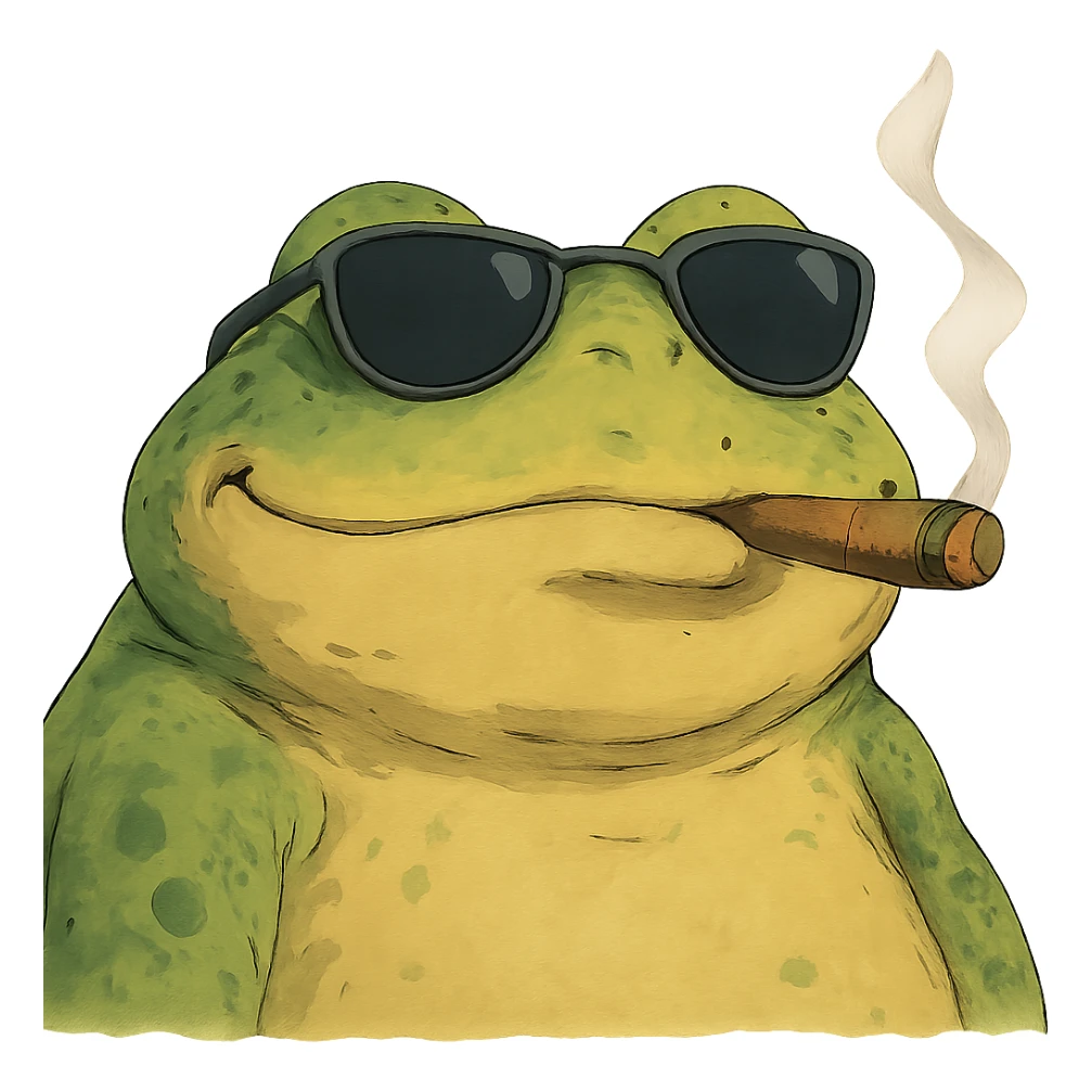 highly detailed frog wearing ray bans, looking very satisfied, smoking a cigar, in ghibli style sticker