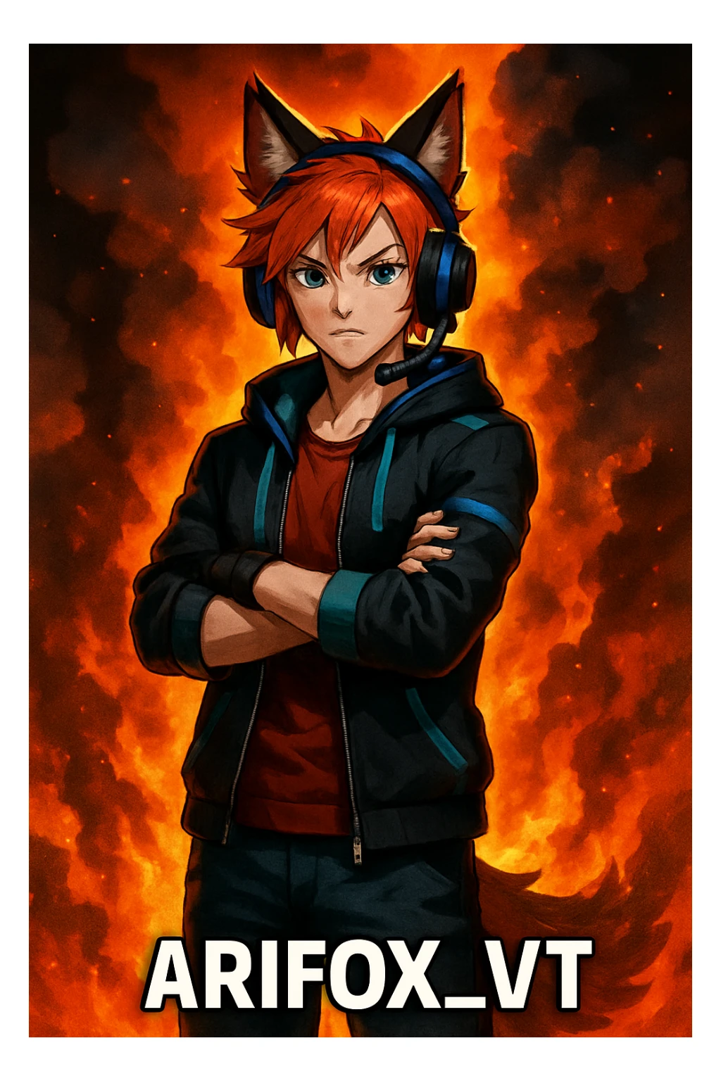 THE TWITCH AND YOUTUBE CHARACTER "ARIFOX_VT" STANDING IN FRONT OF SMOKE AND FIRE sticker