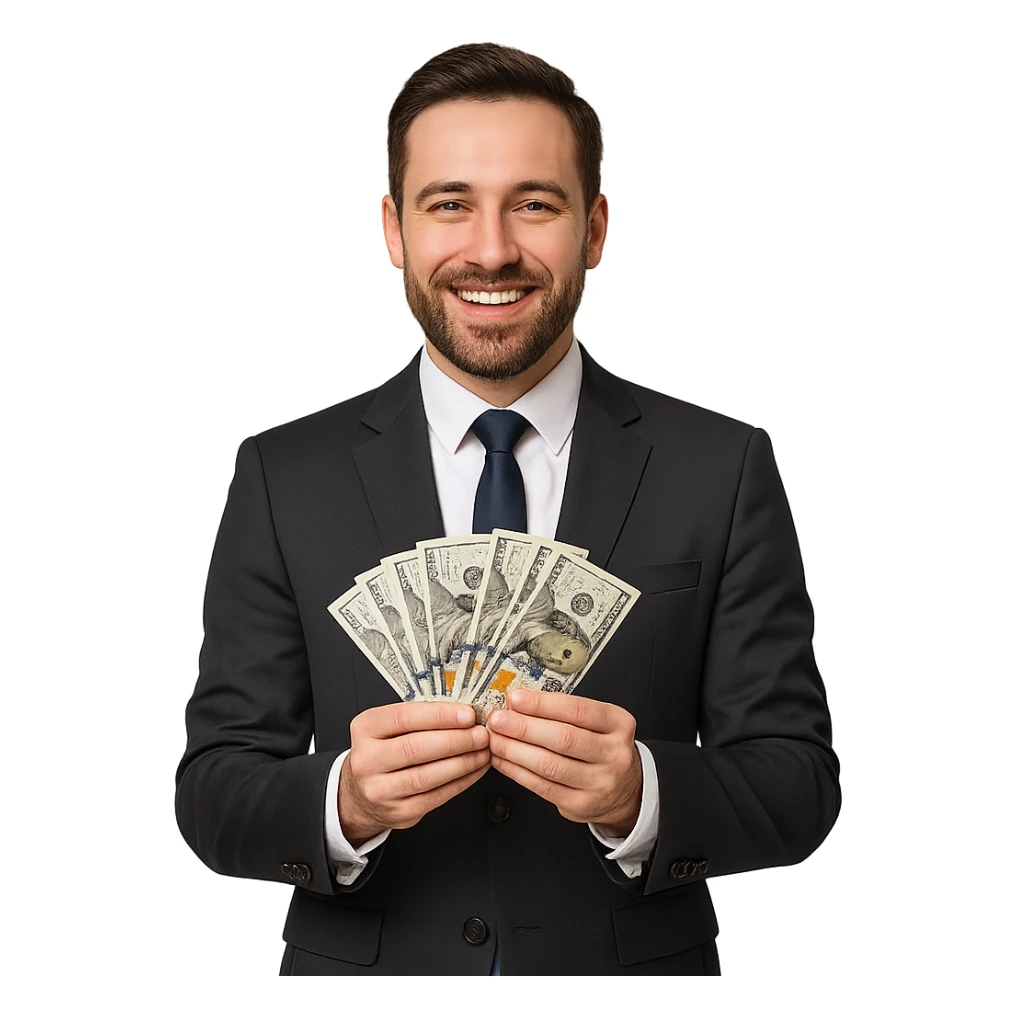 business man with money in his hands sticker