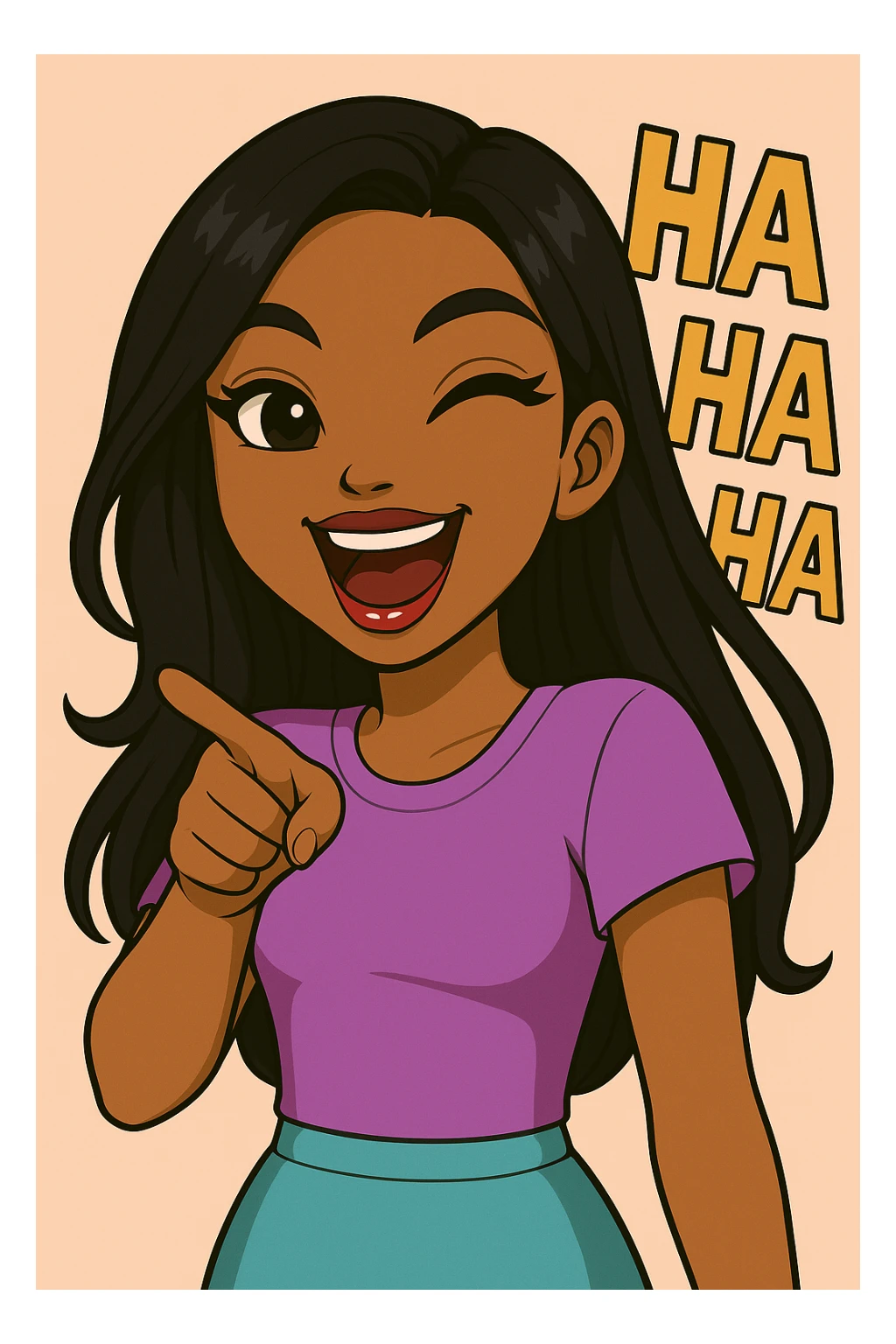 Keep her pointing and laughing with 'ha ha ha' in the background, headshot only, 20-year-old anime Bratz style woman with dark skin, straight hair, more trendy outfit, big expressive eyes, glossy lips, no hat, no tears, happy expression, looking straight ahead. The style should reflect anime Bratz aesthetics with vibrant colors and expressive features. sticker
