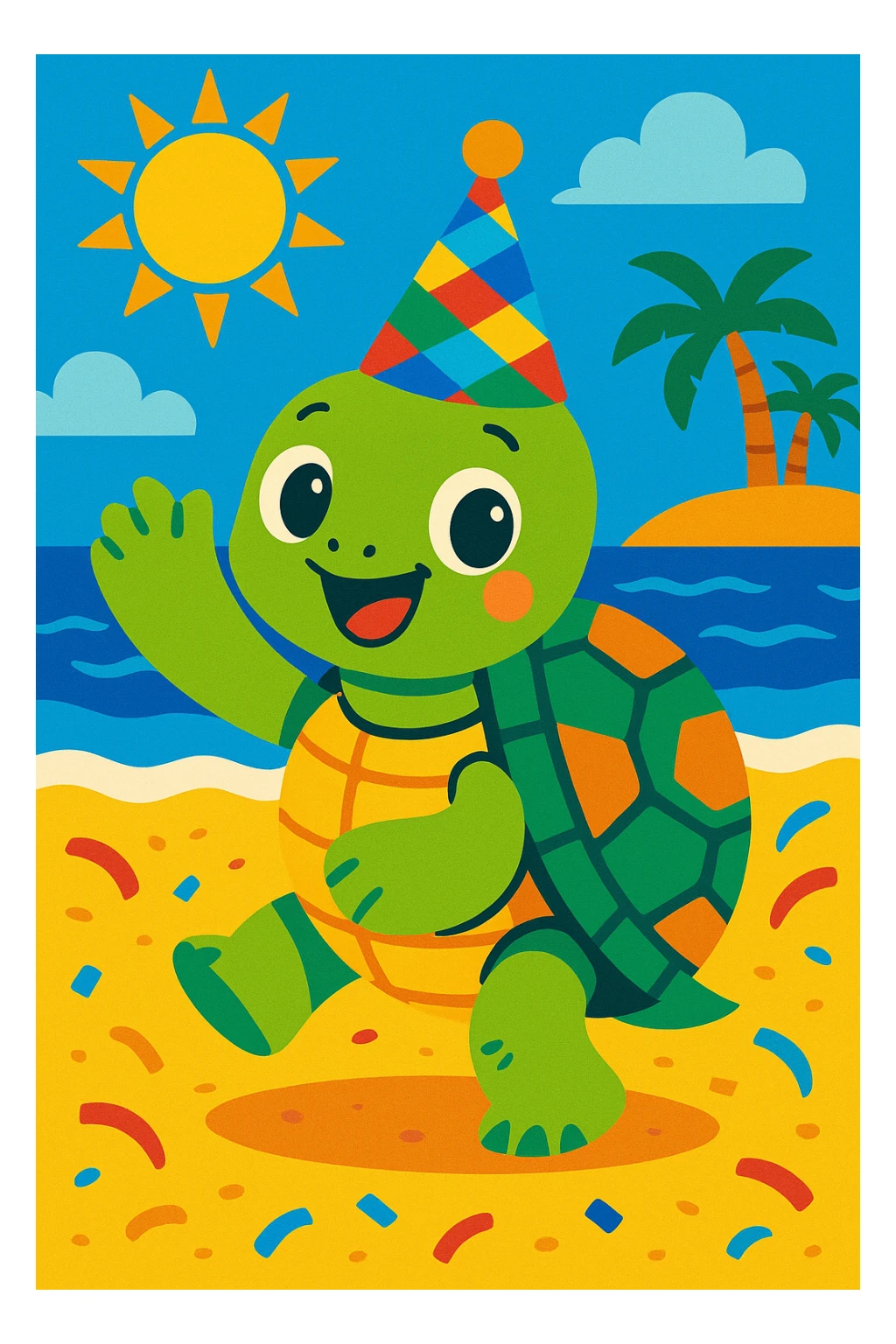 playful turtle on the beach with a festive party hat, bright and cheerful, colorful sticker