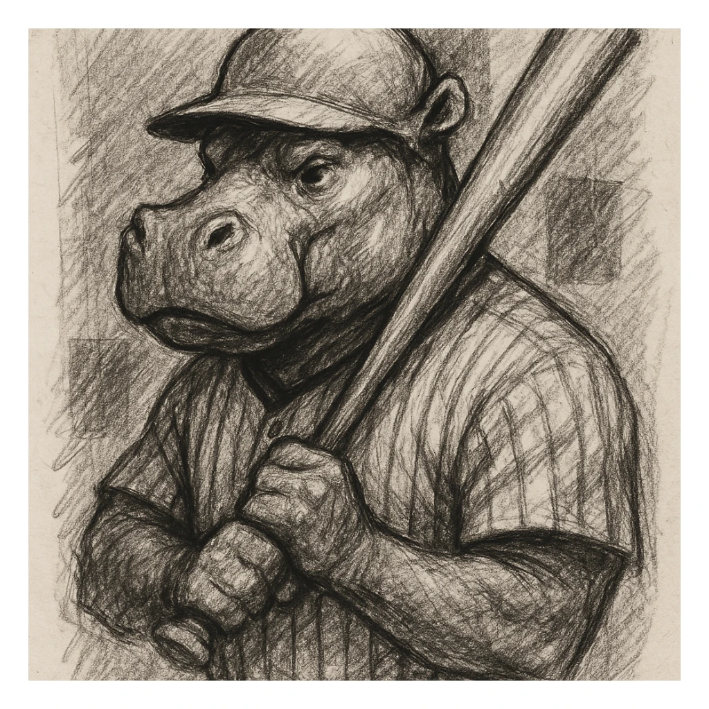 hippo holding a baseball bat, wearing a yellow helmet, pinstripes outfit sticker