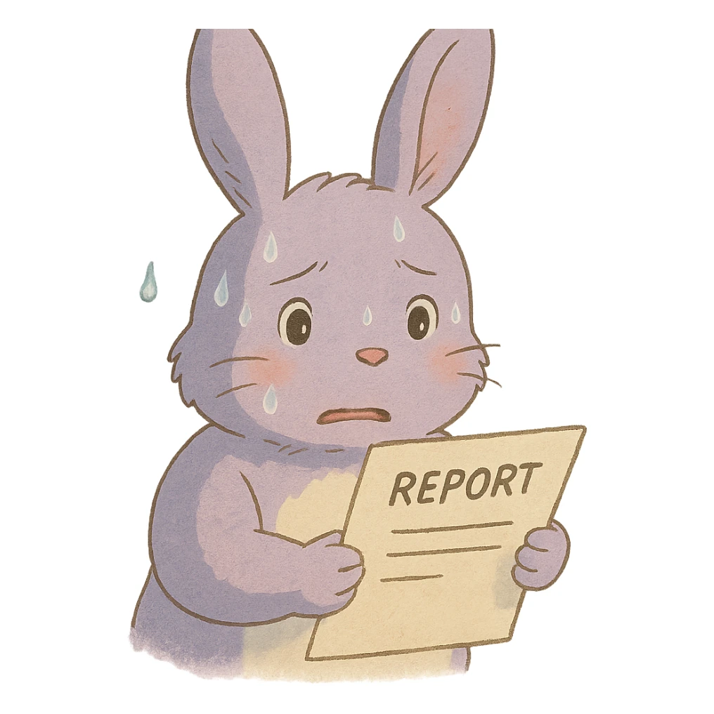 lavender bunny sweating and holding a report, soft Ghibli style sticker