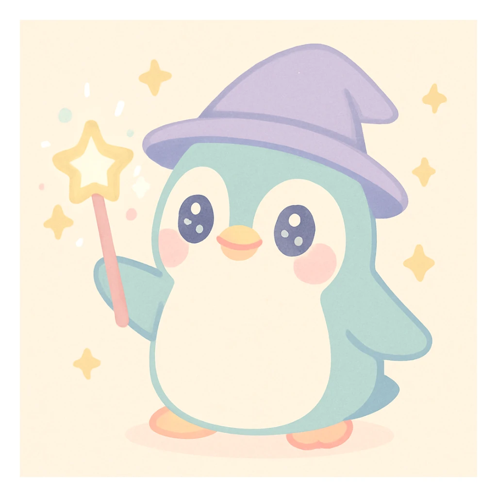 adorable penguin wizard casting a spell with sparkles, whimsical and cute sticker