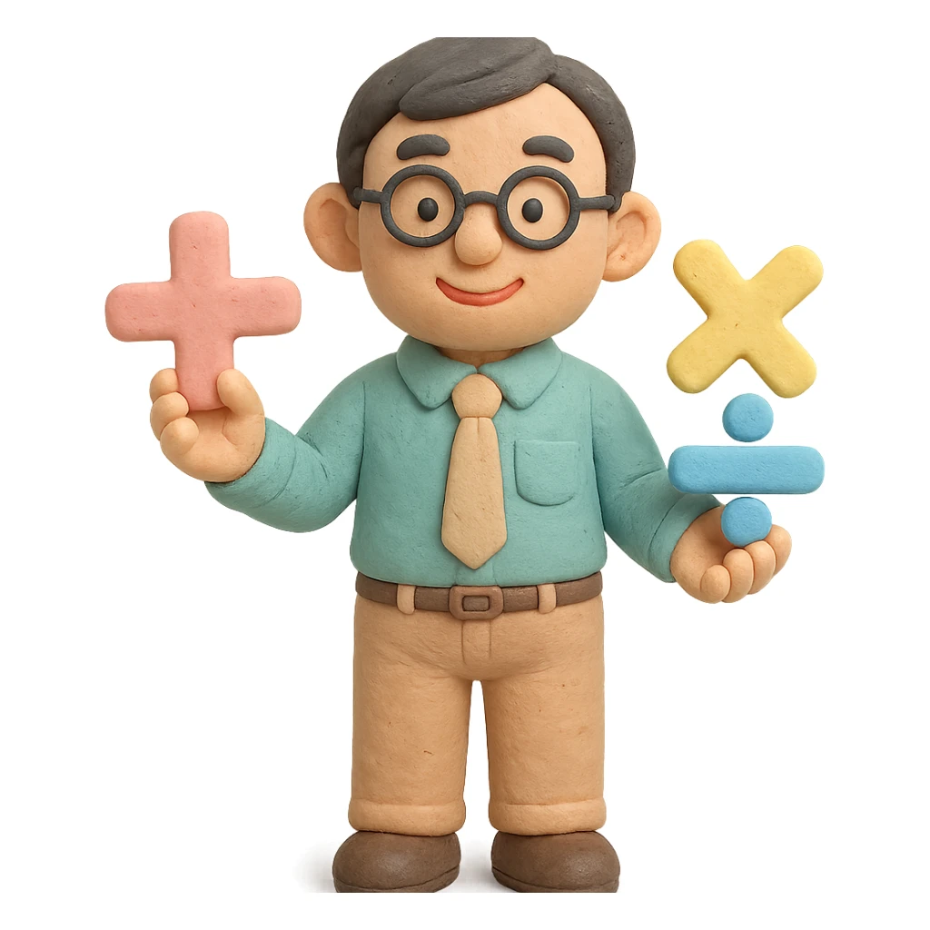 claymation style Chinese math teacher with pastel colors holding math symbols sticker