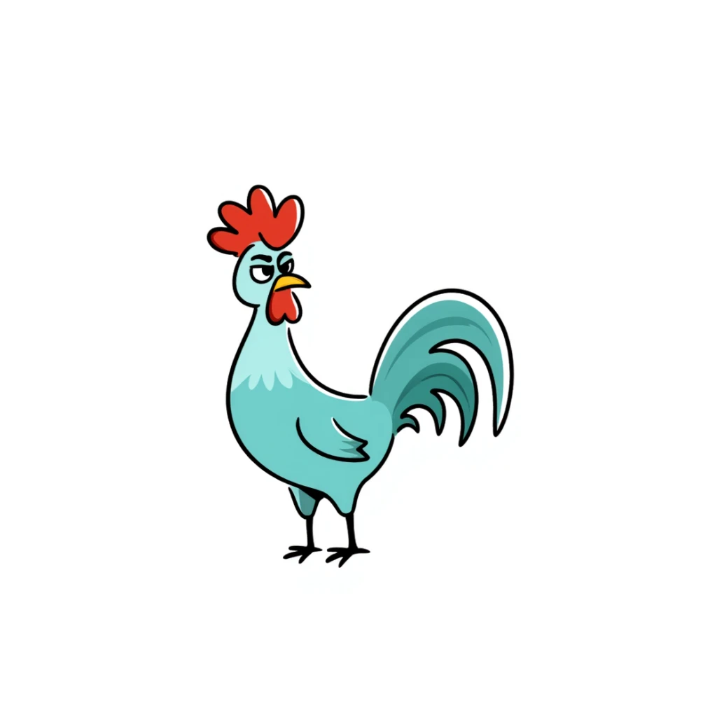 A silly cross-eyed rooster chicken with bright blue-green feathers, red comb, long neck, skinny legs, and confused expression sticker
