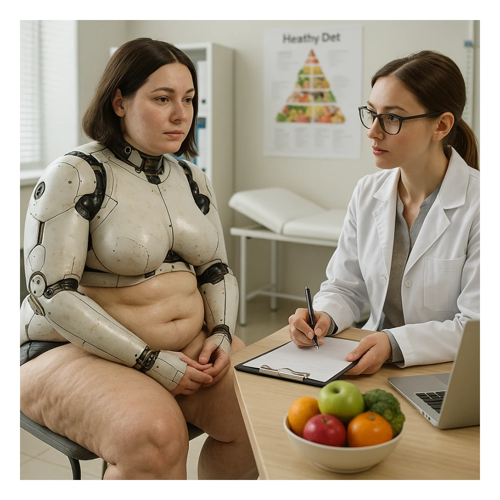 hyper realistic 4K gynoid woman consulting a nutritionist, fat on legs and thighs, clinical scene details sticker