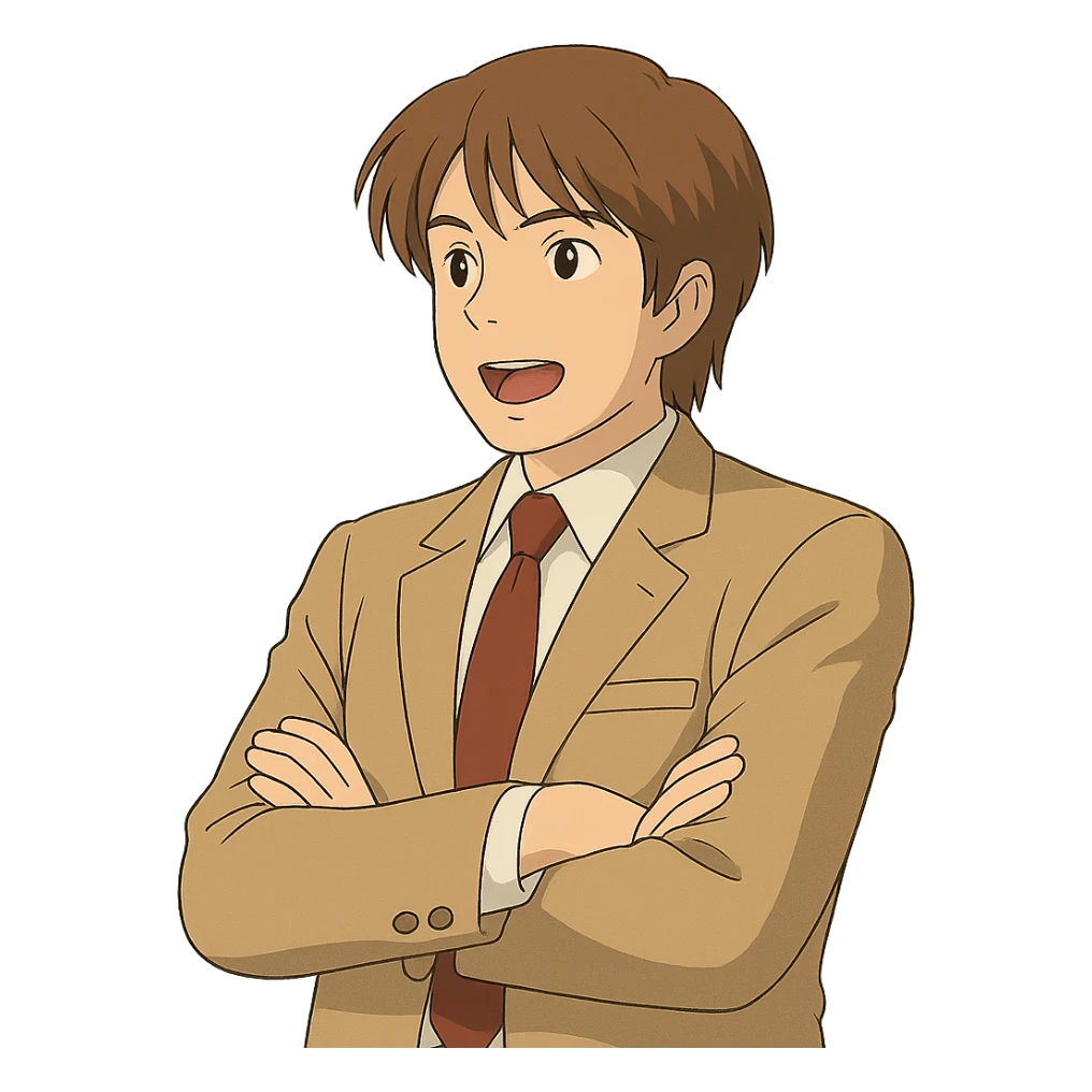 Make this exact Light Yagami in Ghibli style, standing with his arms crossed and talking, mouth open as if explaining, wearing the same suit, maintaining the same confident expression, with a transparent background. sticker