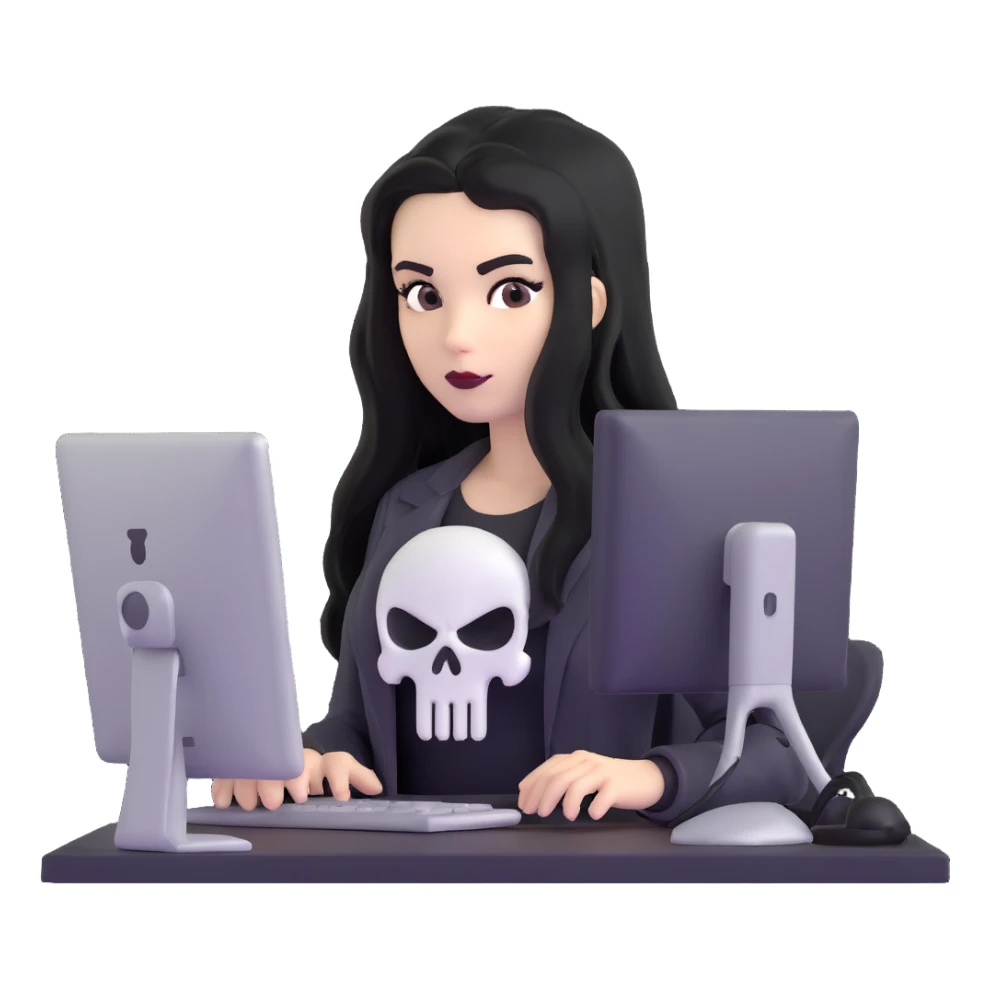 female Punisher skull character with long black hair working on computer sticker