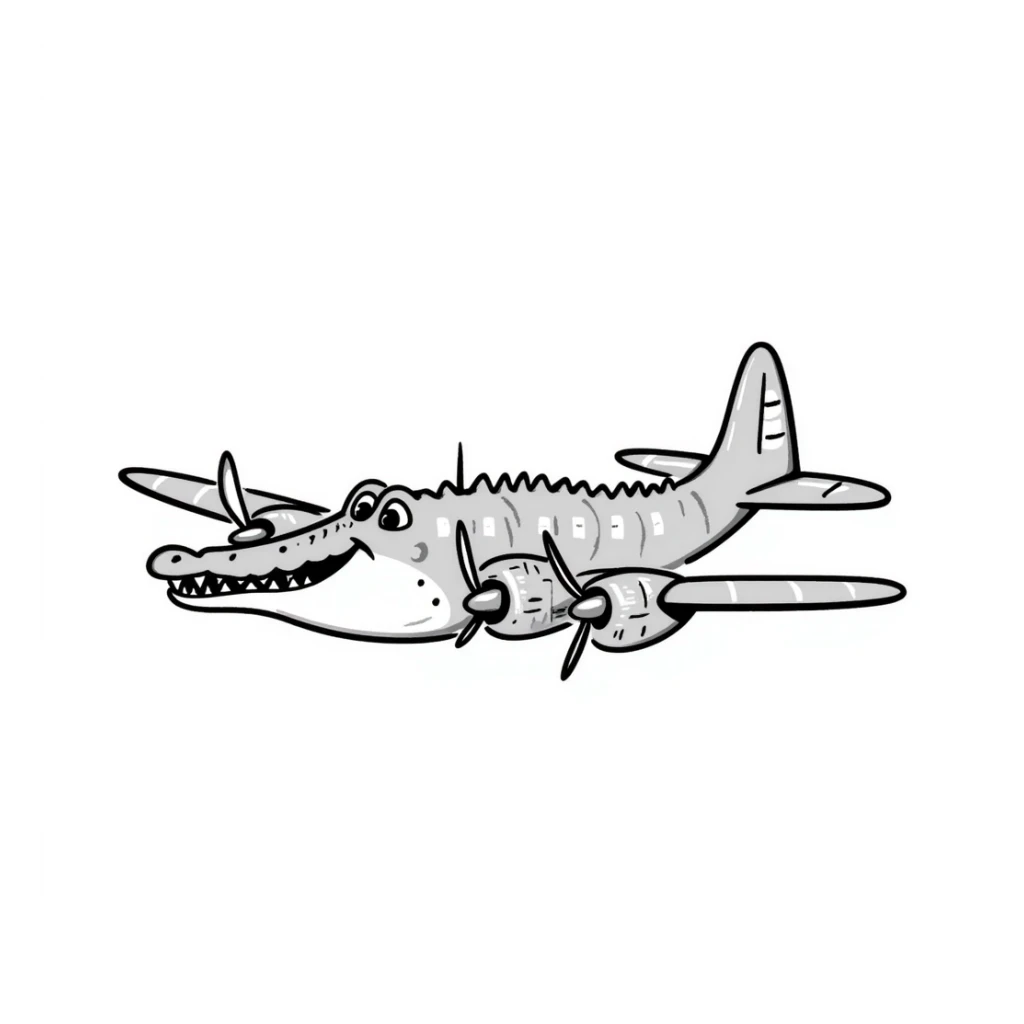 World War II bomber plane with four propeller engines that has a crocodile head and scaly reptile body, fusion of animal and machine sticker