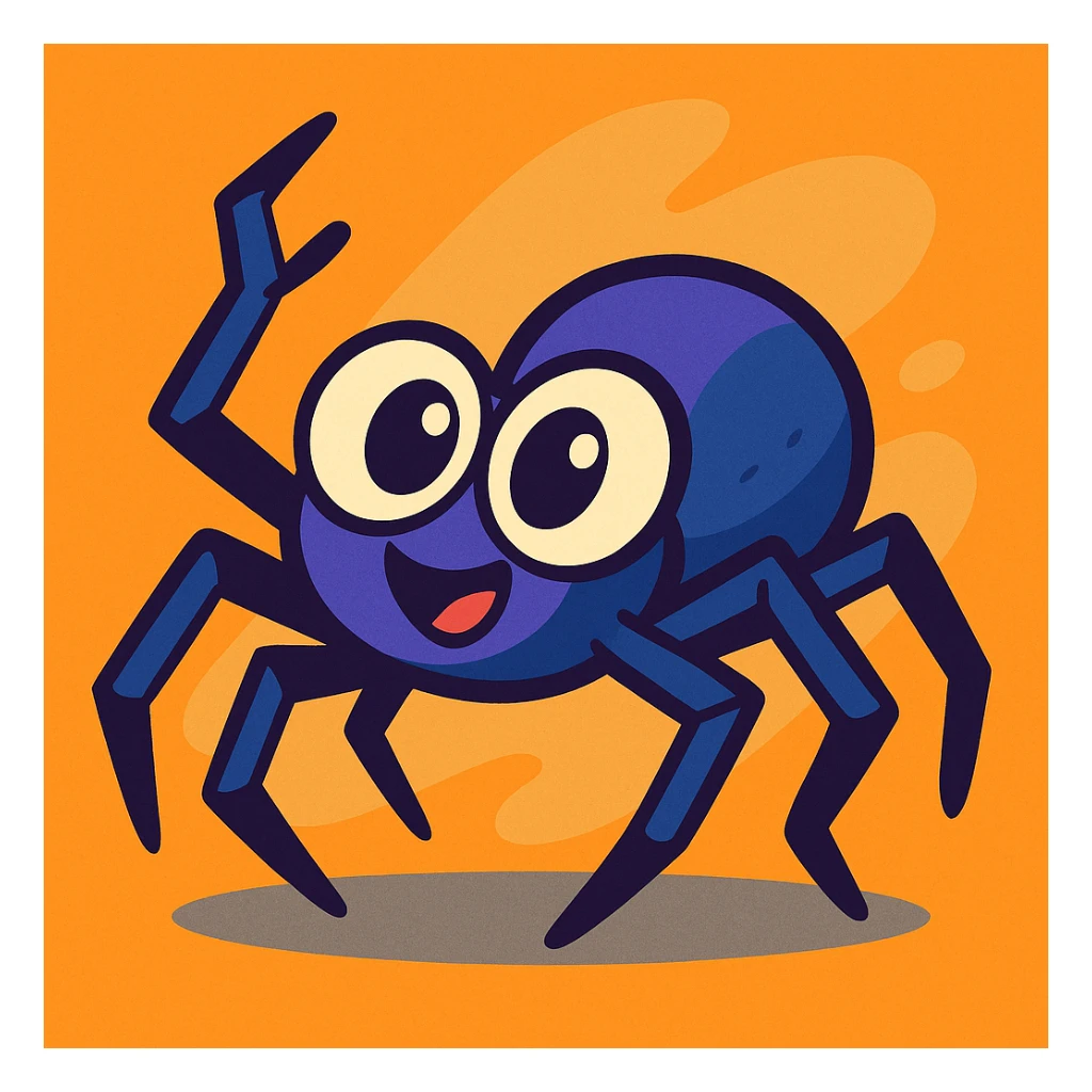 animated style spider with big eyes and dynamic pose on an orange-gray background sticker