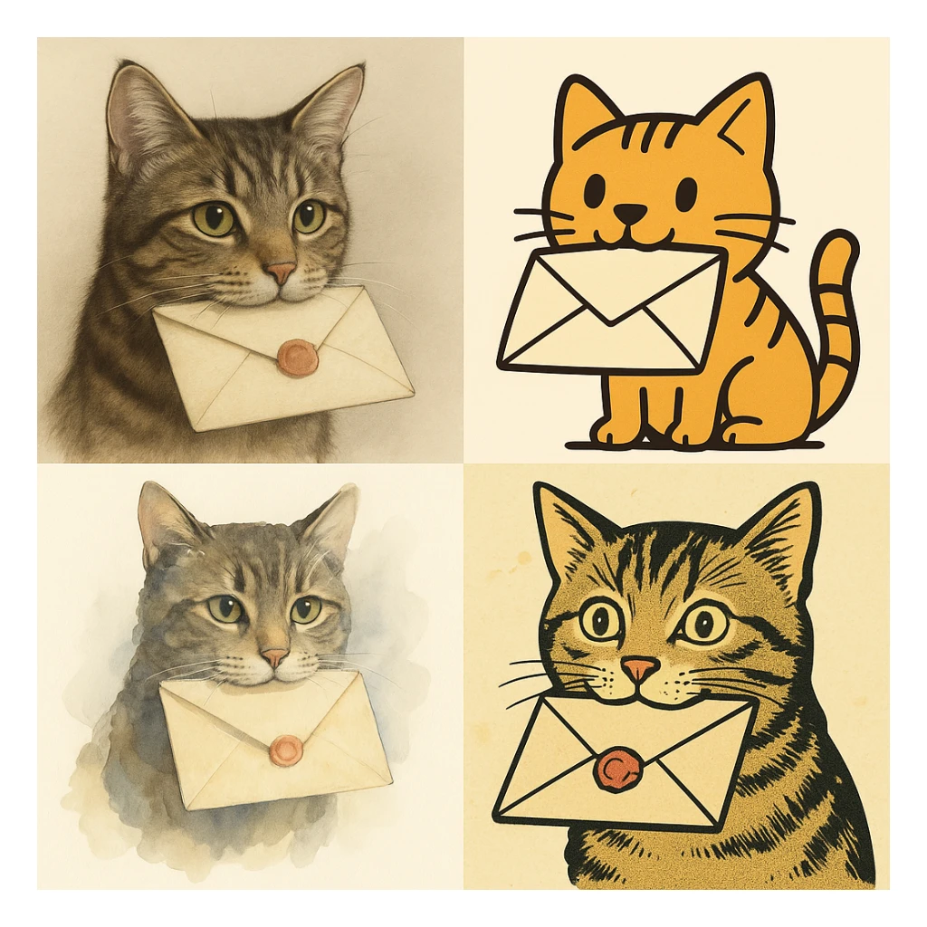 a cat holding mail (letter) in its mouth, various styles sticker