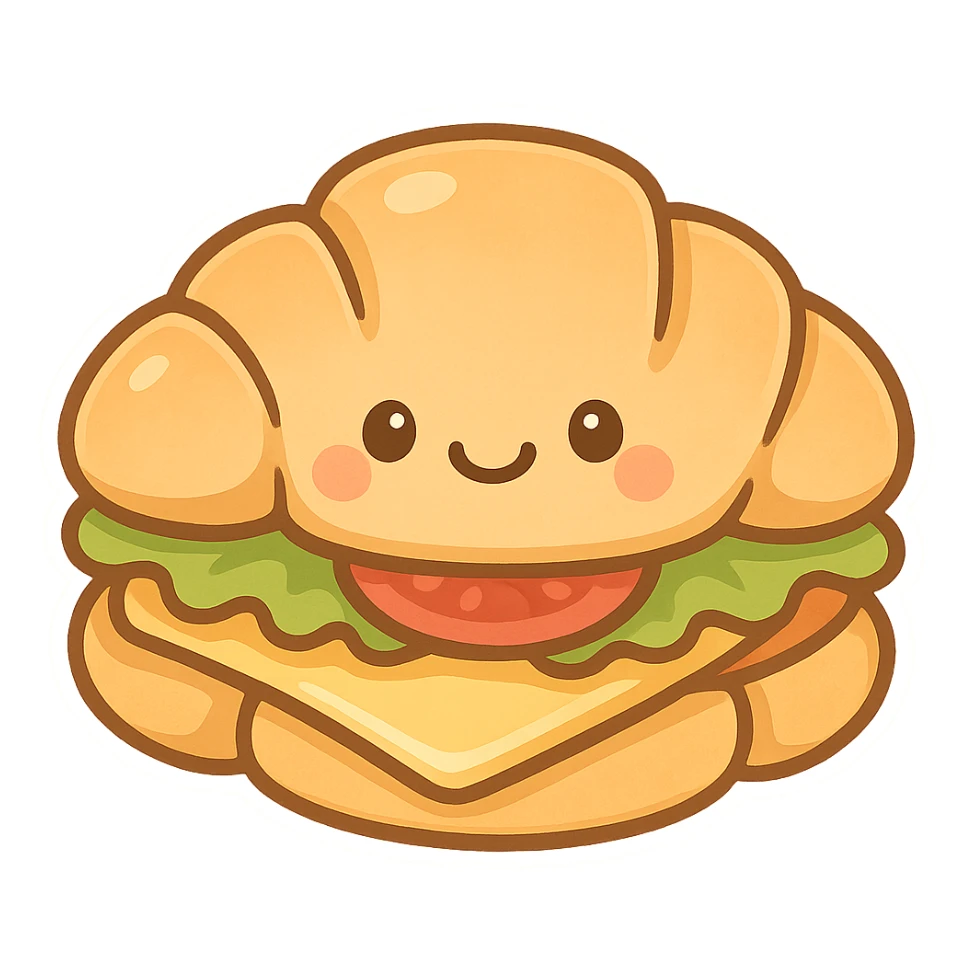 chibi sticker-style croissant sandwich with a smiling face, cute and exaggerated sticker