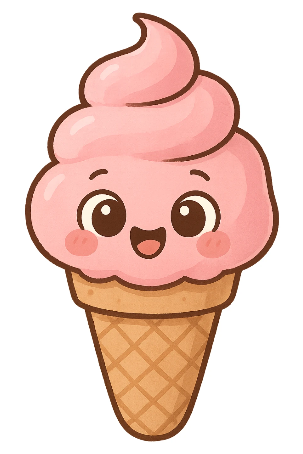 a cute pink ice cream cone, original design, big eyes, blushing cheeks, joyful sticker