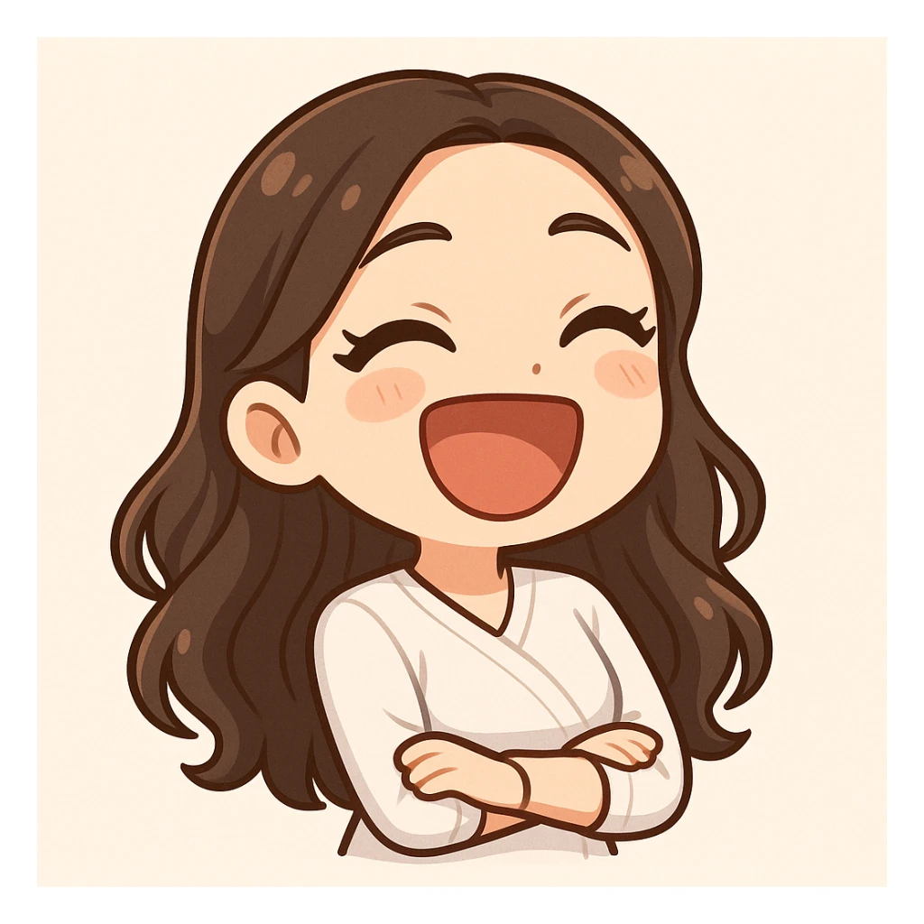 3D bitmoji chibi sticker of the girl from the reference, expressive face and eyes, long brown hair, laughing joyfully. sticker