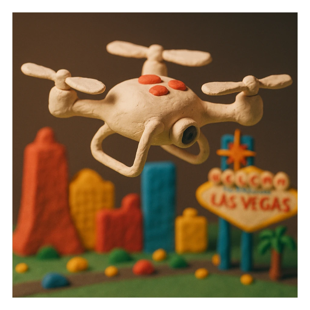 claymation style drone with a miniature Las Vegas strip below sticker