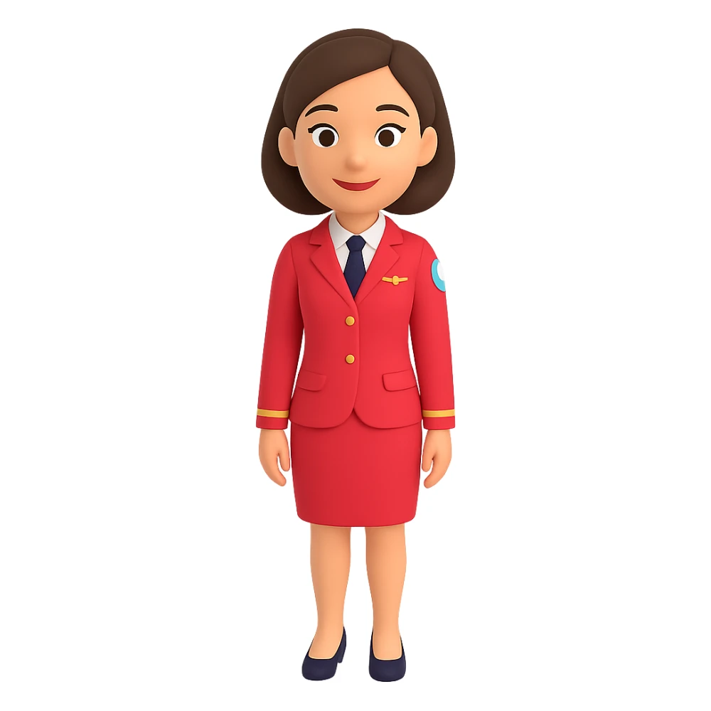 Remove the hat from the flight attendant, keep the red uniform, in the style of 3D emoji style. sticker