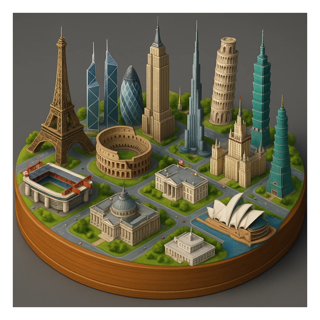 Оставь основу картинки - деревянную подставку, но при этом сгенерируй изометричная, яркая, детализированная и фотореалистичная иллюстрация где будет самые узнаваемые здания мира Эмпайр Стейт Билдинг, Эйфелева башня, Колизей, Сиднейская опера, стадион Сан-Сиро, Белый Дом Пизанская башня, здание МГУ, Бурдж-Халифа, Башни Петронас, Небоскрёб Фостера в Лондоне, Рейхстаг, Тайбэй. Здания не должны повторять и должны быть на картинке в единственном экземпляре sticker