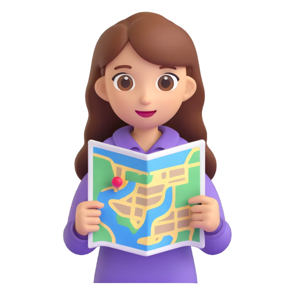 a girl holding a map, 3D emoji style sticker