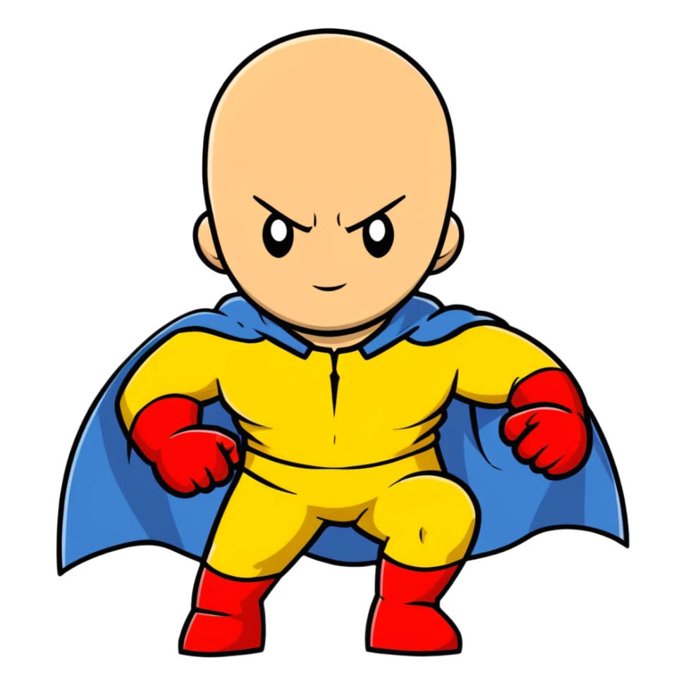 Saitama from One Punch Man, bald head, blank expression, yellow hero suit with white cape, red gloves sticker