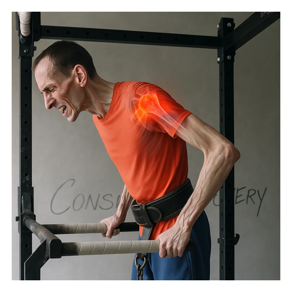 Hyperrealistic 4K image of a very thin man performing a dip on parallel bars, side position as in the reference, showing an expression of pain. Shoulder highlighted with a transparent effect showing internal inflammation. Gym atmosphere. Variant 3. sticker