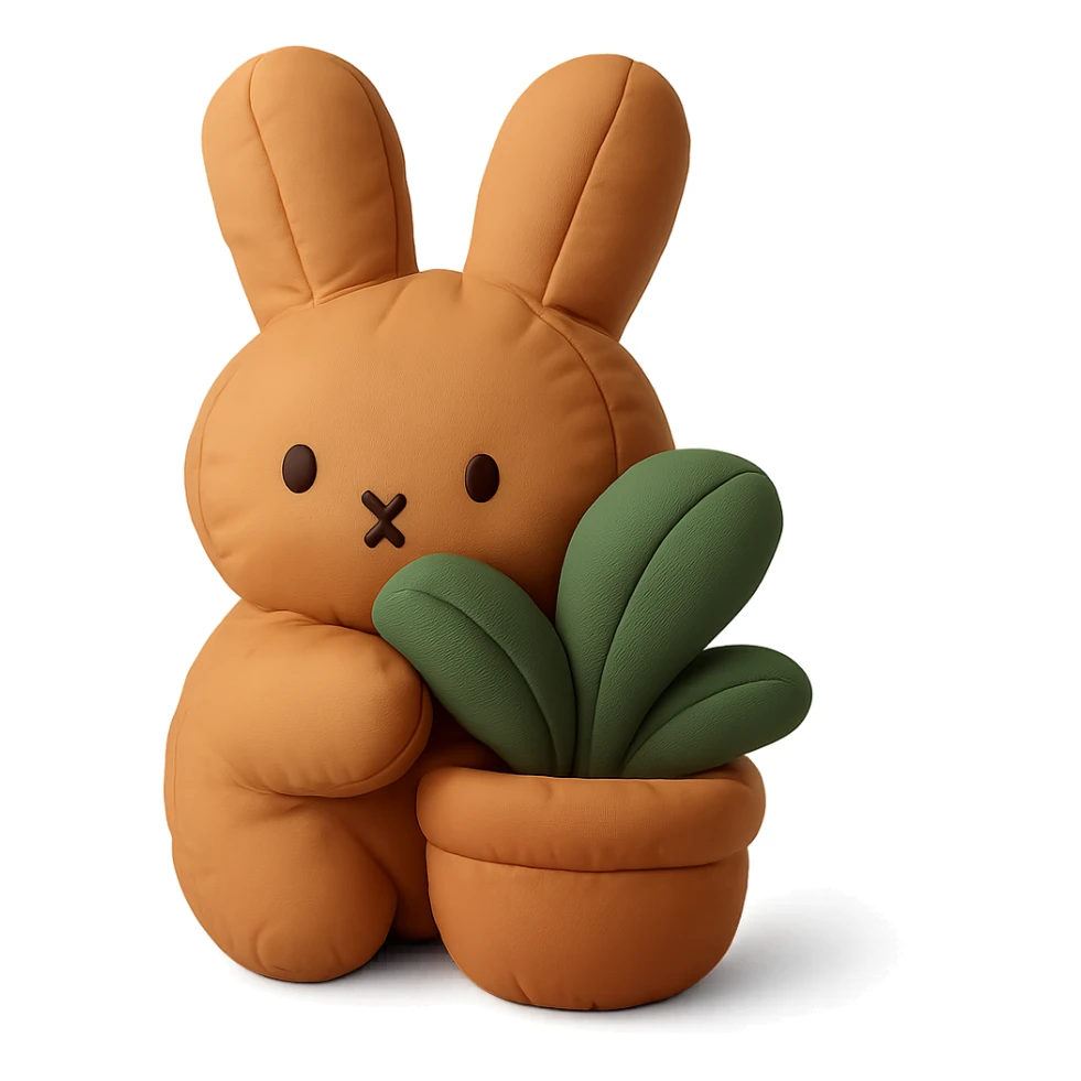 cinnamon bunny peeking behind a plant, cushion style sticker