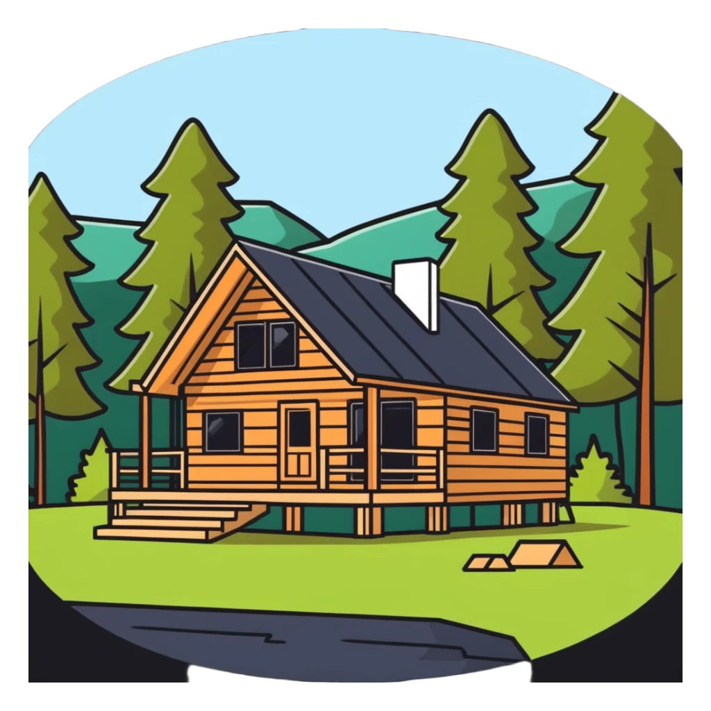 wooden cabin retreat under construction nestled in nature sticker