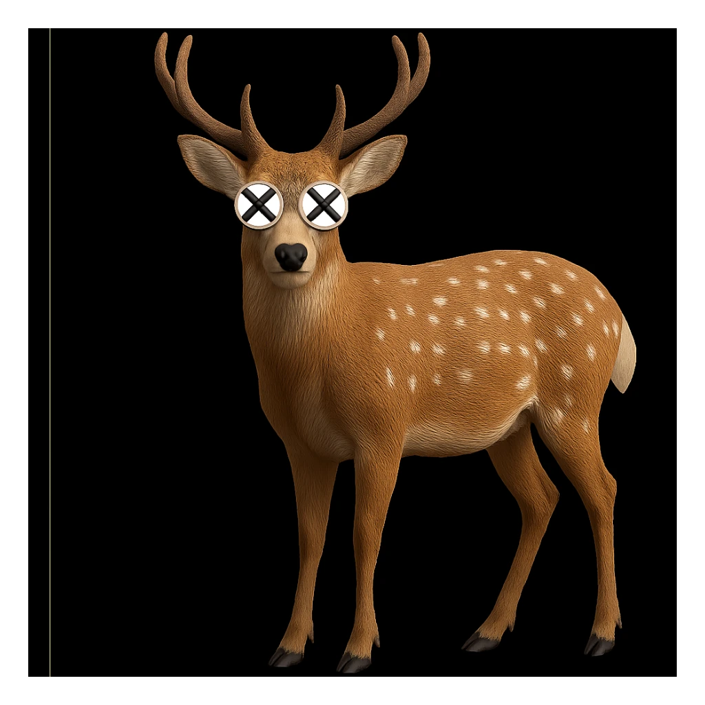 Overlay cartoon X's on the eyes of the deer, keep everything else 100% identical—pose, style, lighting, and background. Maintain the original style and look exactly as in the reference image. sticker