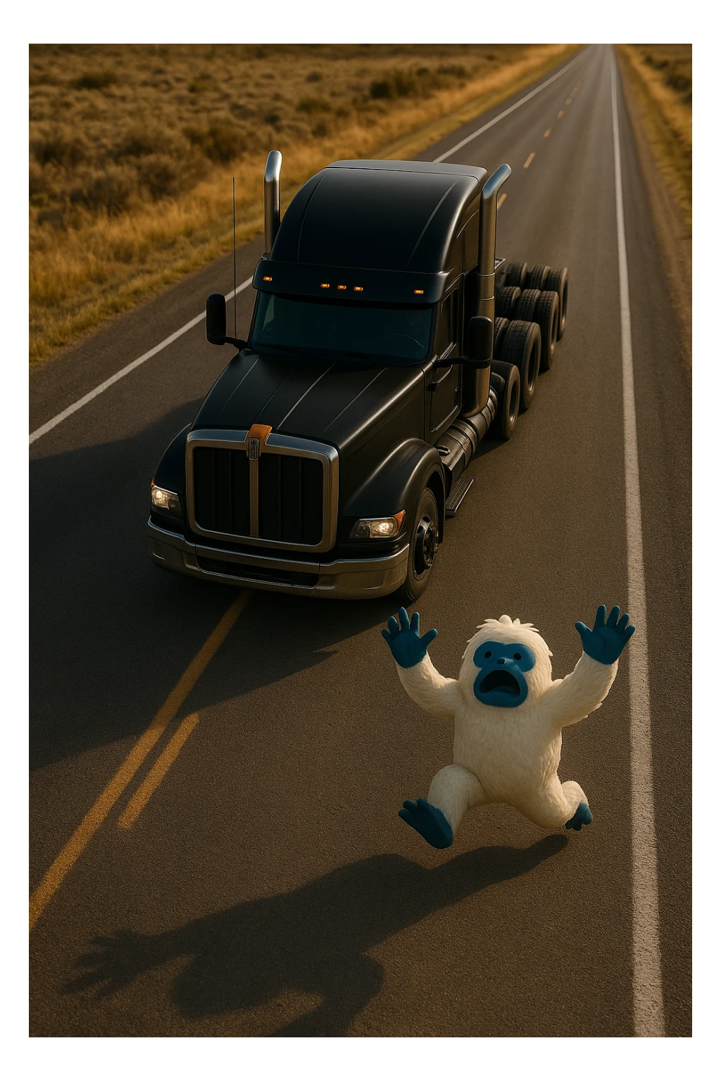 Make the scene more realistic: a small abominable snowman on a long road in front of a black 2026 Kenworth W680 flat top semi sleeper, top-down view, realistic lighting and details, no text. sticker