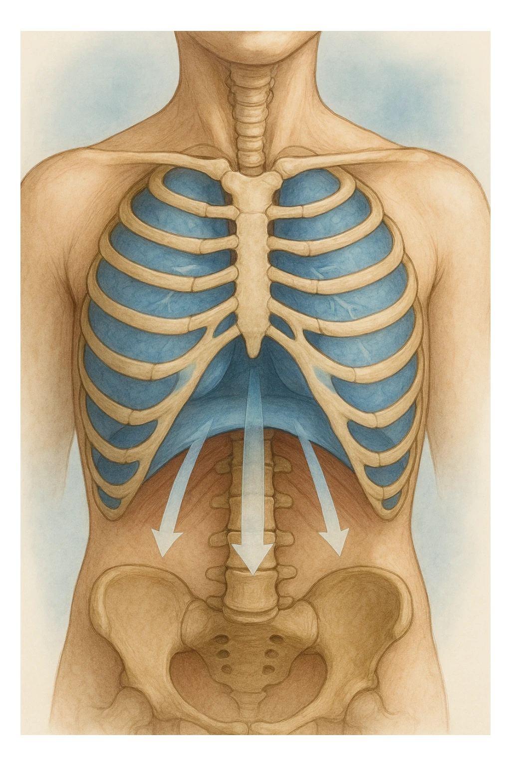 A realistic, high-quality anatomical illustration showing a human torso with visible rib cage and diaphragm. The ribs are shown in a decompressed, expanded state, allowing full lung expansion, while the diaphragm is depicted as relaxed and lowered, indicating deep, efficient breathing. Soft blue and warm tones highlight airflow and lung capacity, with light arrows illustrating the air movement during diaphragmatic breathing. The image conveys a sense of calm, openness, and optimal breathing mechanics, useful for physiotherapy, breathing education, and osteopathic learning contexts realistica sticker