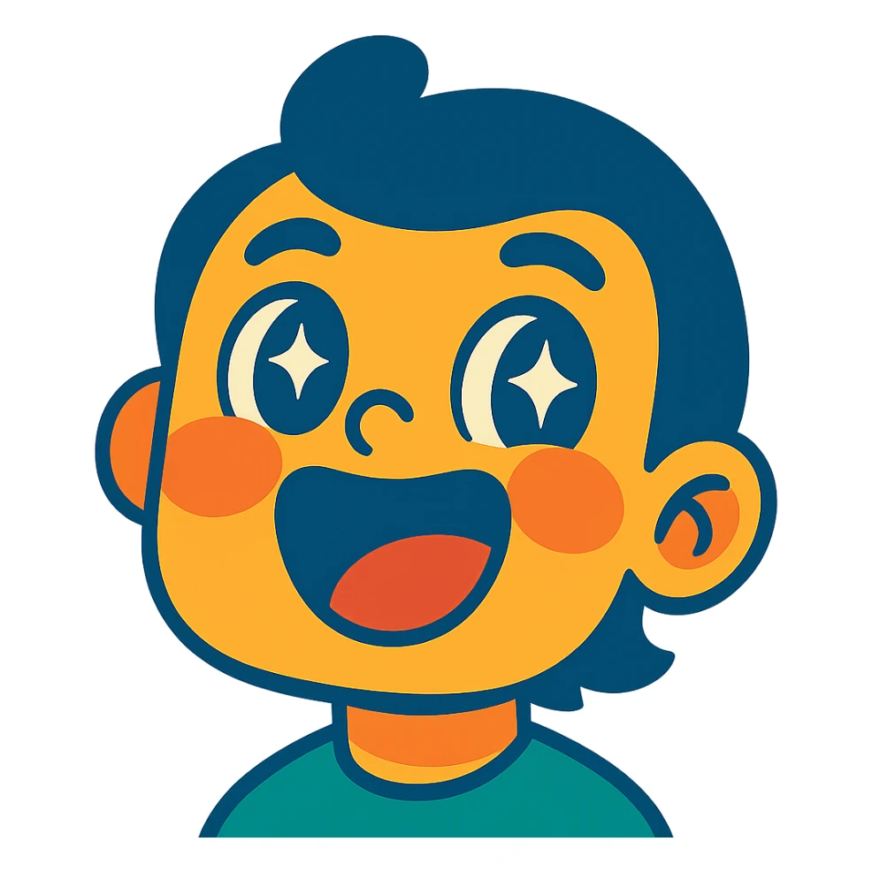 smile, open mouth, sparkling eyes, joyful expression, vibrant toon style sticker