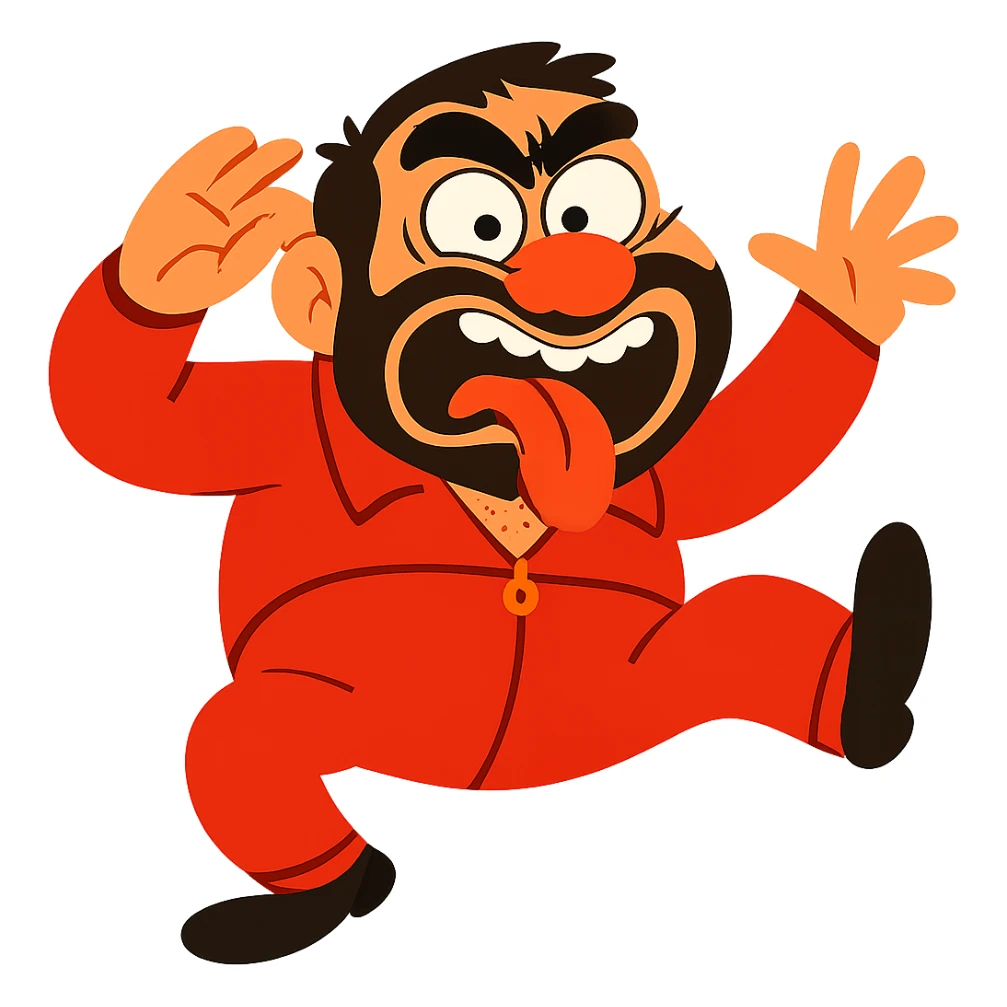 Make Recep İvedik in a much funnier pose with an exaggerated facial expression, wearing a red tracksuit, no background, in vibrant toon style. sticker