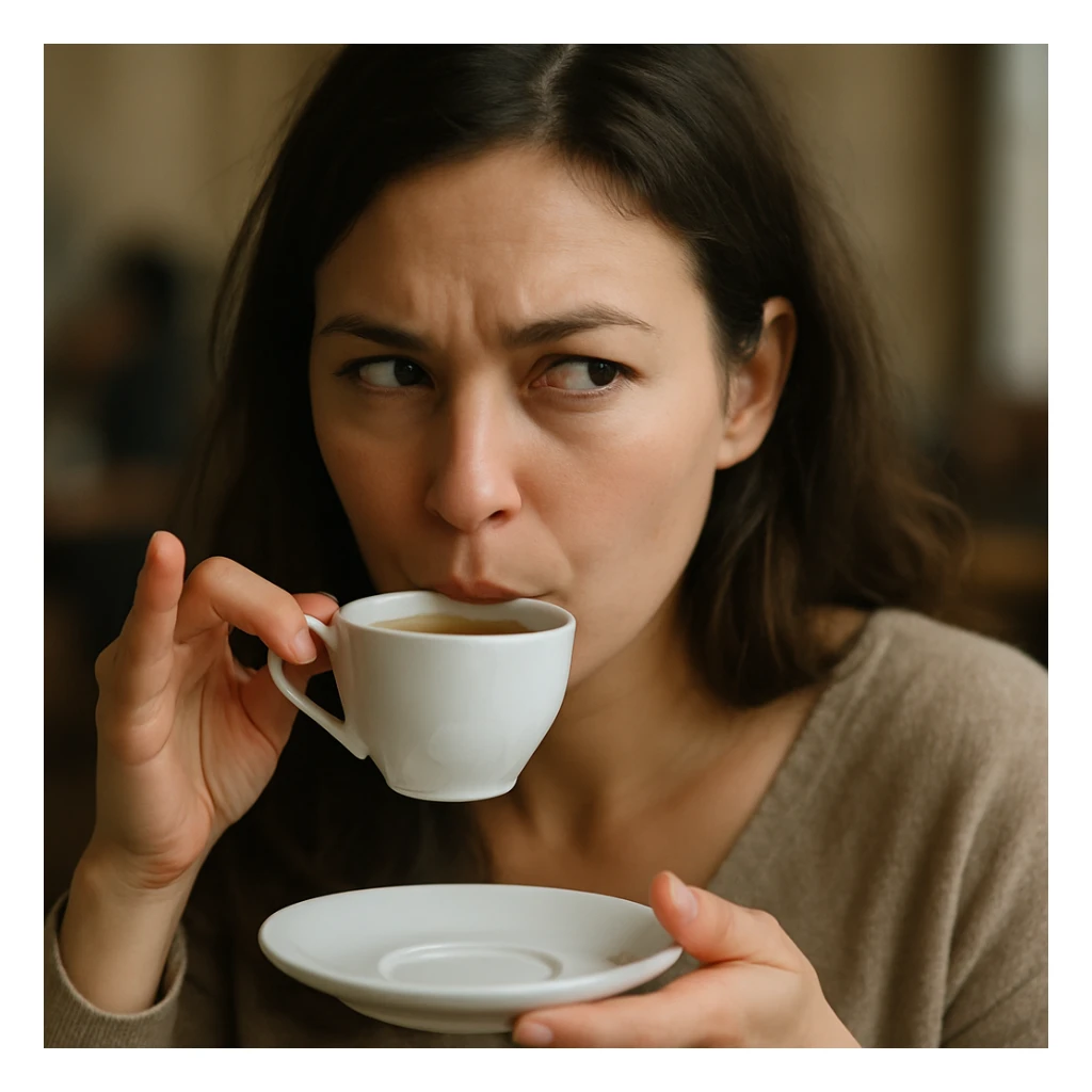 realistic woman giving side eye while sipping hot tea with her pinky up, soft focus, candid moment sticker
